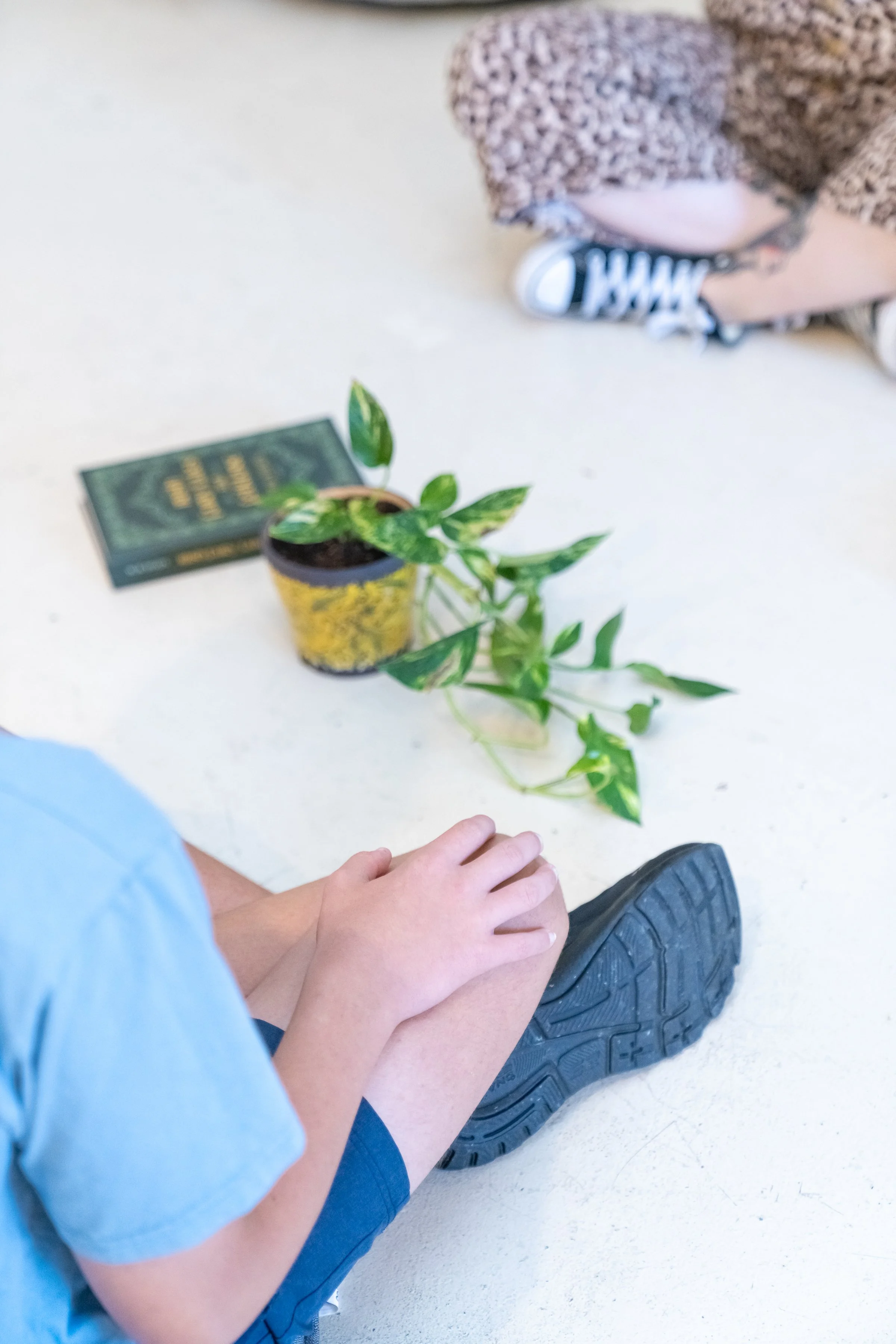 side visual of young boy with hands resting on knees in meditation post. Kylie is sitting in front with visual of her feet only. In the middle is a green plant and book.