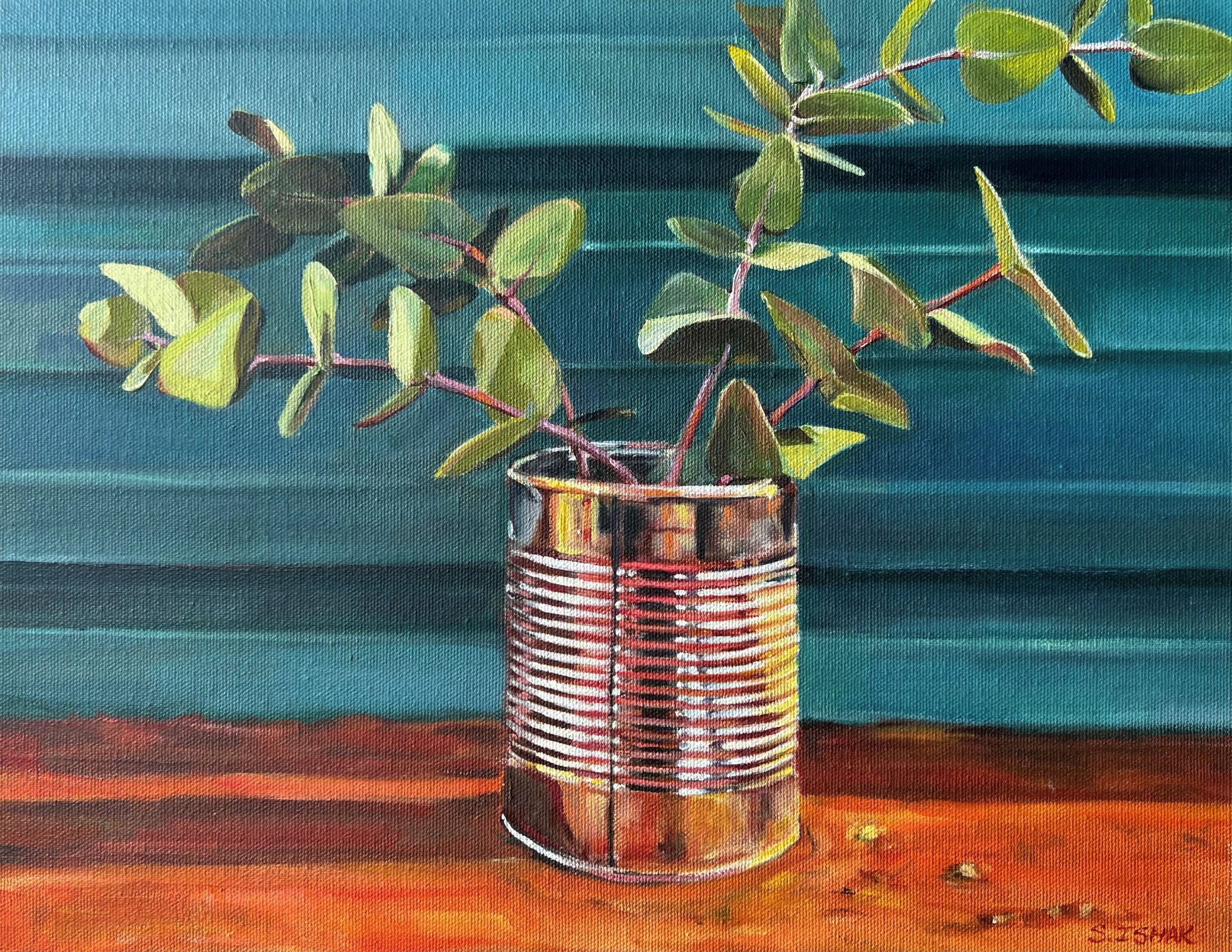 Warilu in tin can, 28x25cm, oil on canvas, 2022