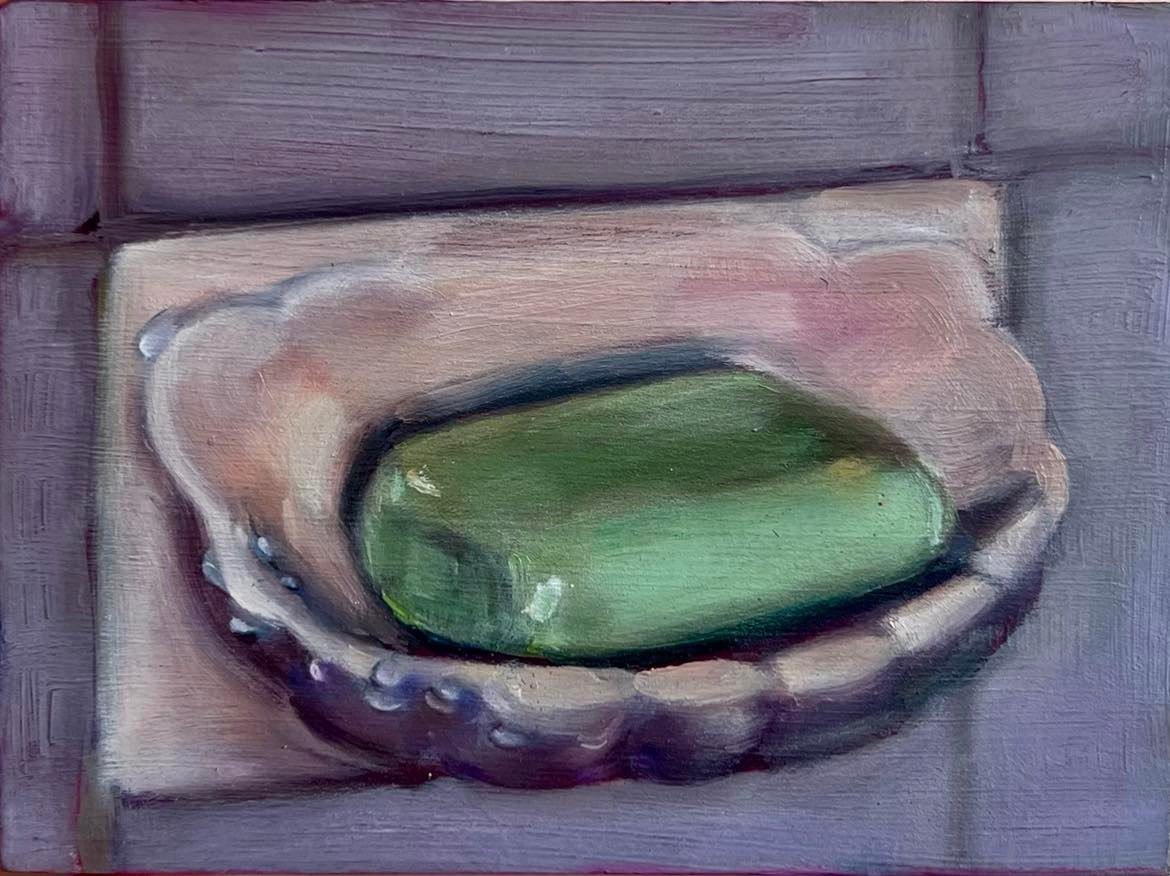 Green soap in dish, 10x7cm, oil on wood, 2022