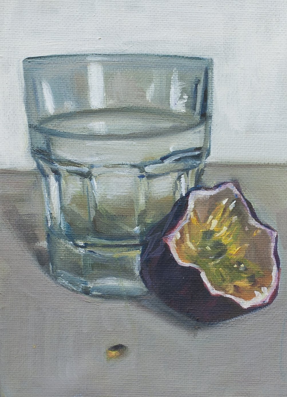 Passion fruit with water, 17x12cm, oil on canvas panel, 2021