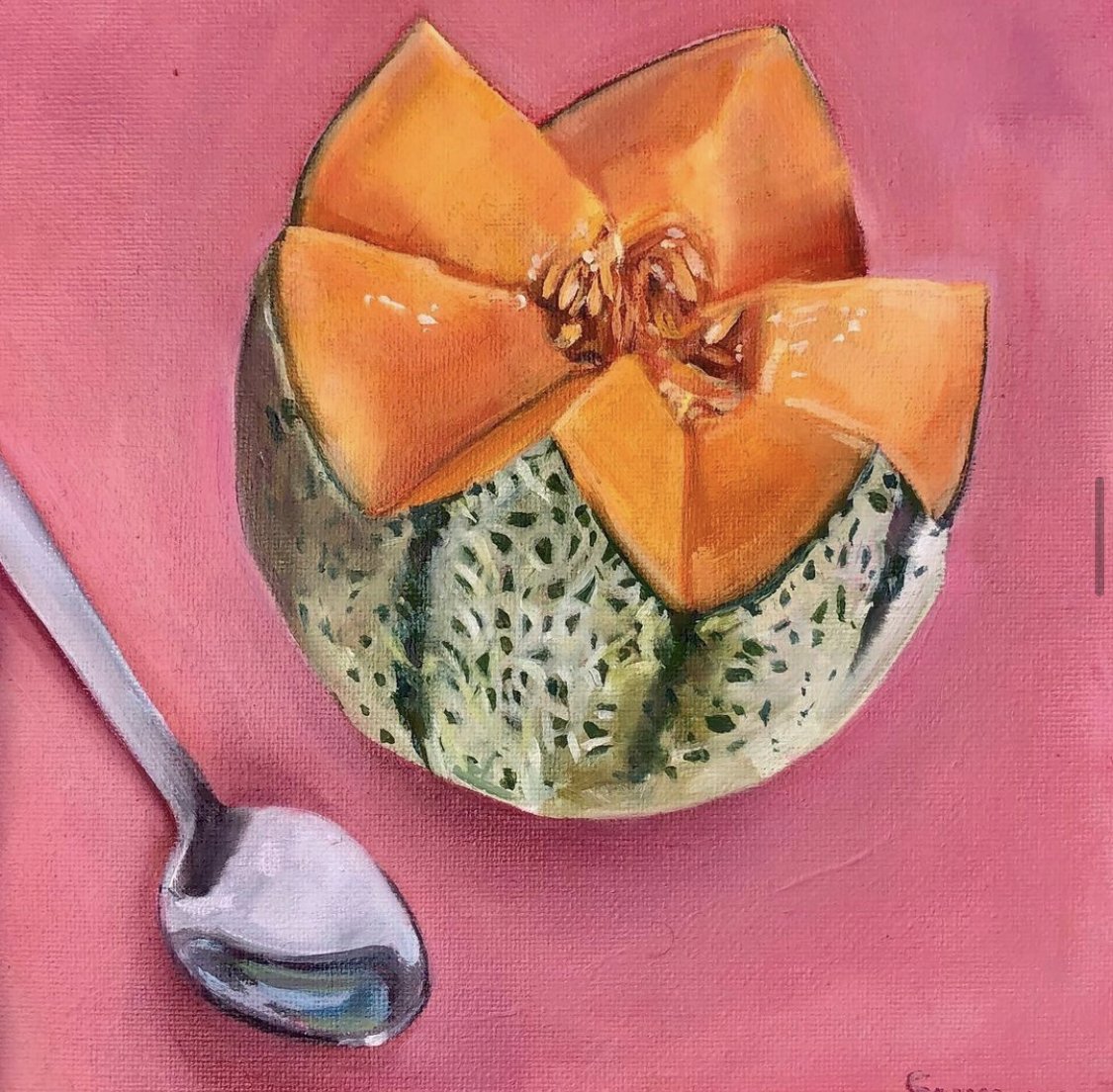 Rockmelon study, 20x20cm, oil on canvas panel, 2021