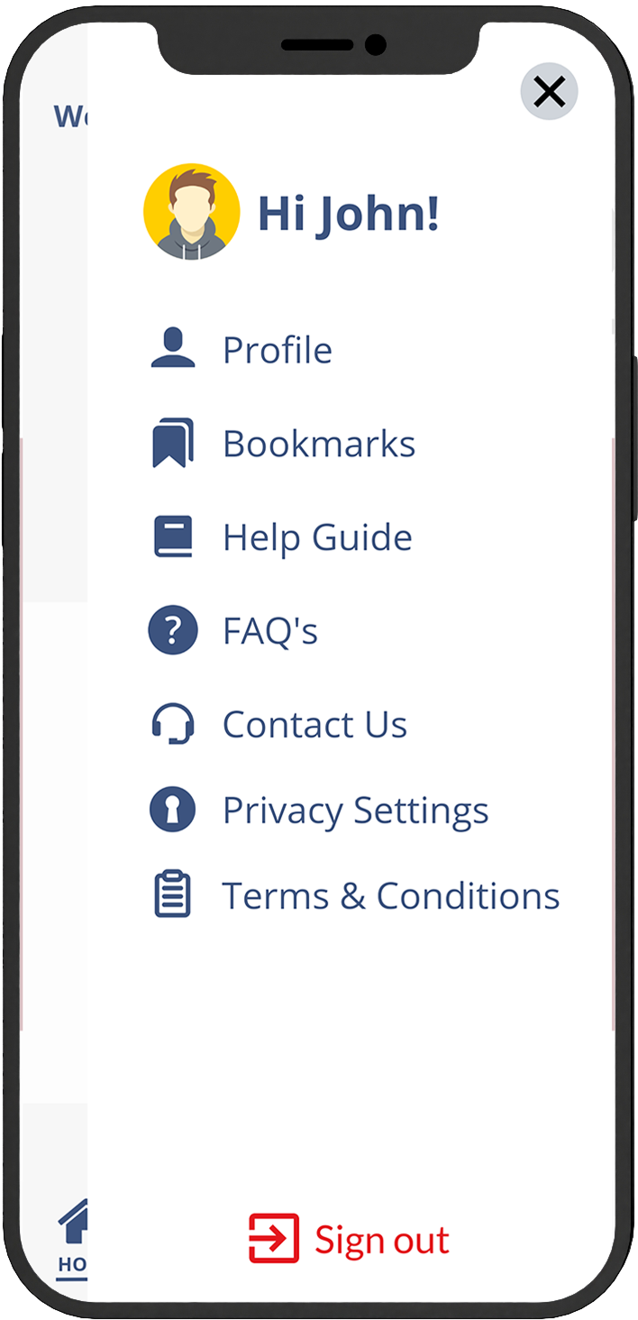 Slide Menu includes access to Help Guide