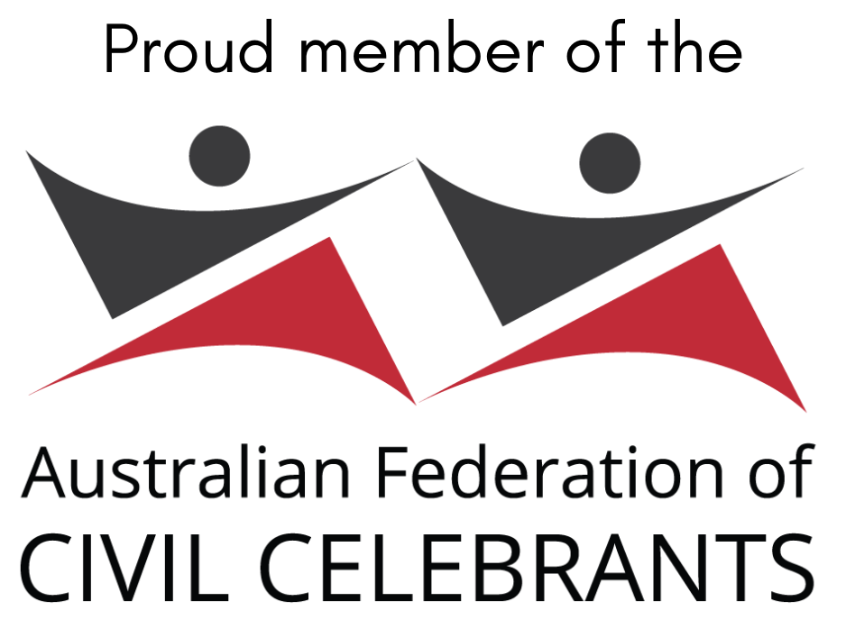 Graphic with two stylized human figures and the text 'Proud member of the Australian Federation of Civil Celebrants'.