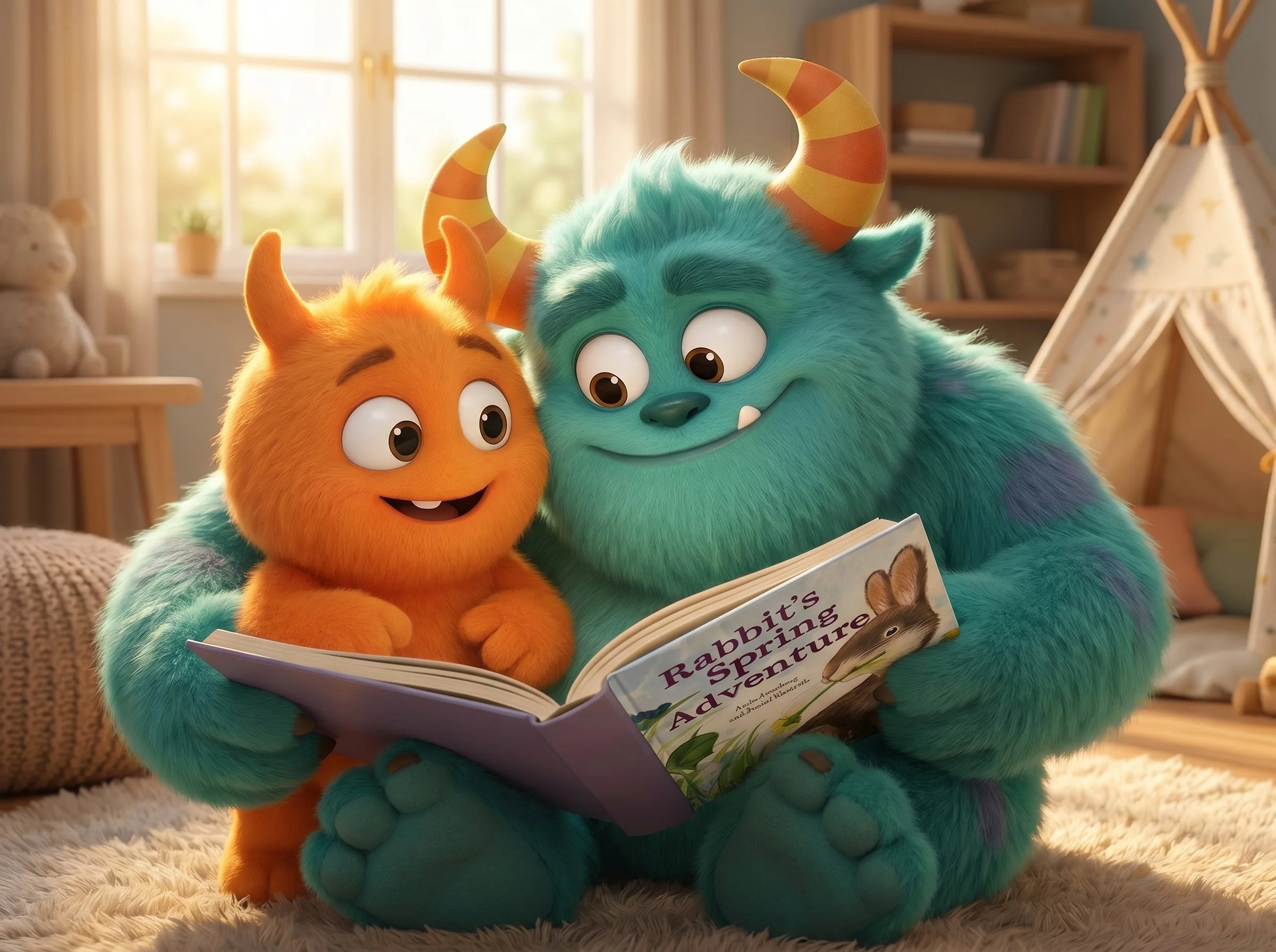 Monster father and son reading Rabbit's Spring Adventure together