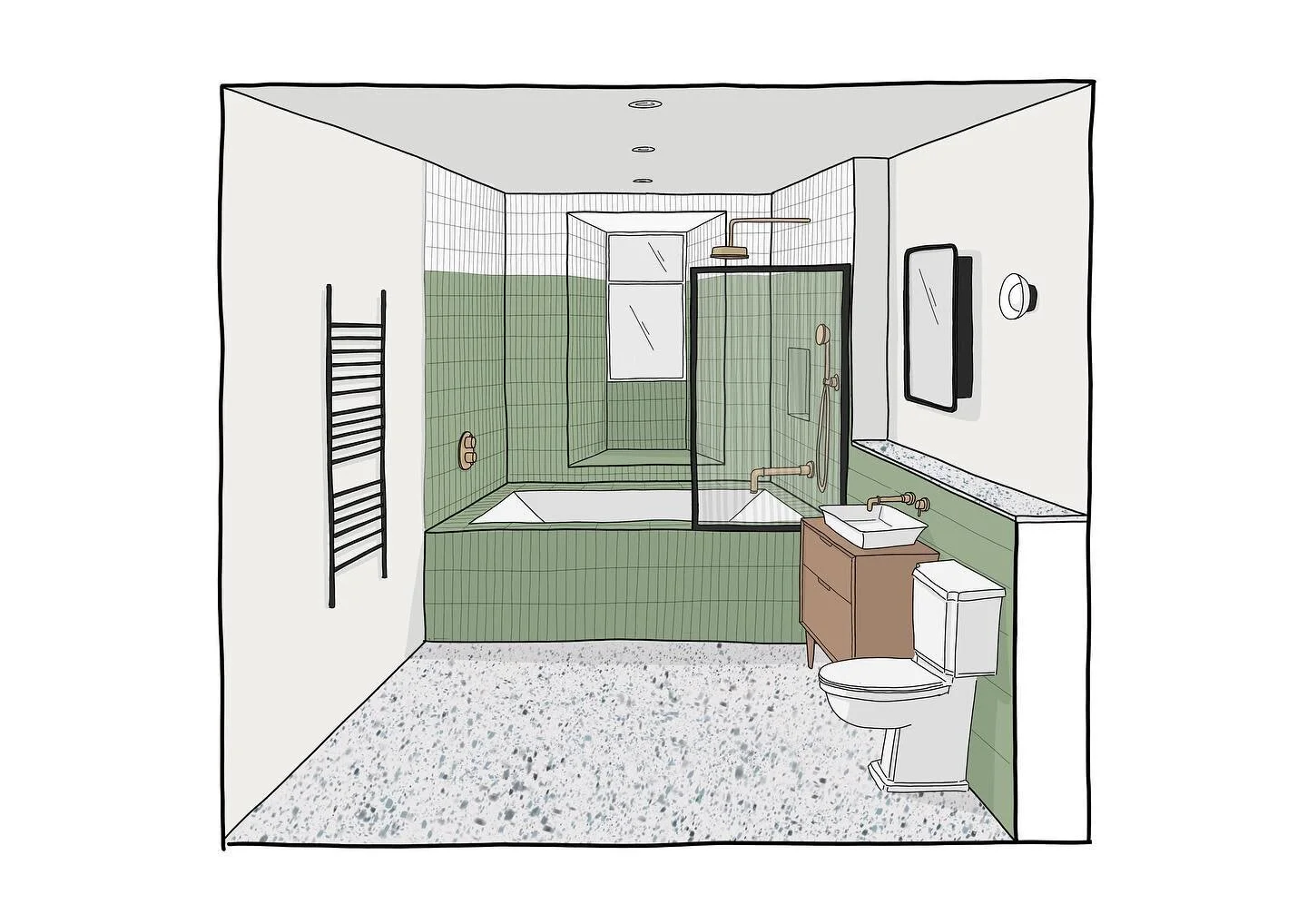 Wilton Street 🛁 

Our Wilton St bathroom has been illustrated by @katherinedauncey and designed by @interiordesign_geek 

We&rsquo;ll be using a combination of @mandarinstoneofficial and @loveterrazzo tiles, along with @lussostone products with ligh
