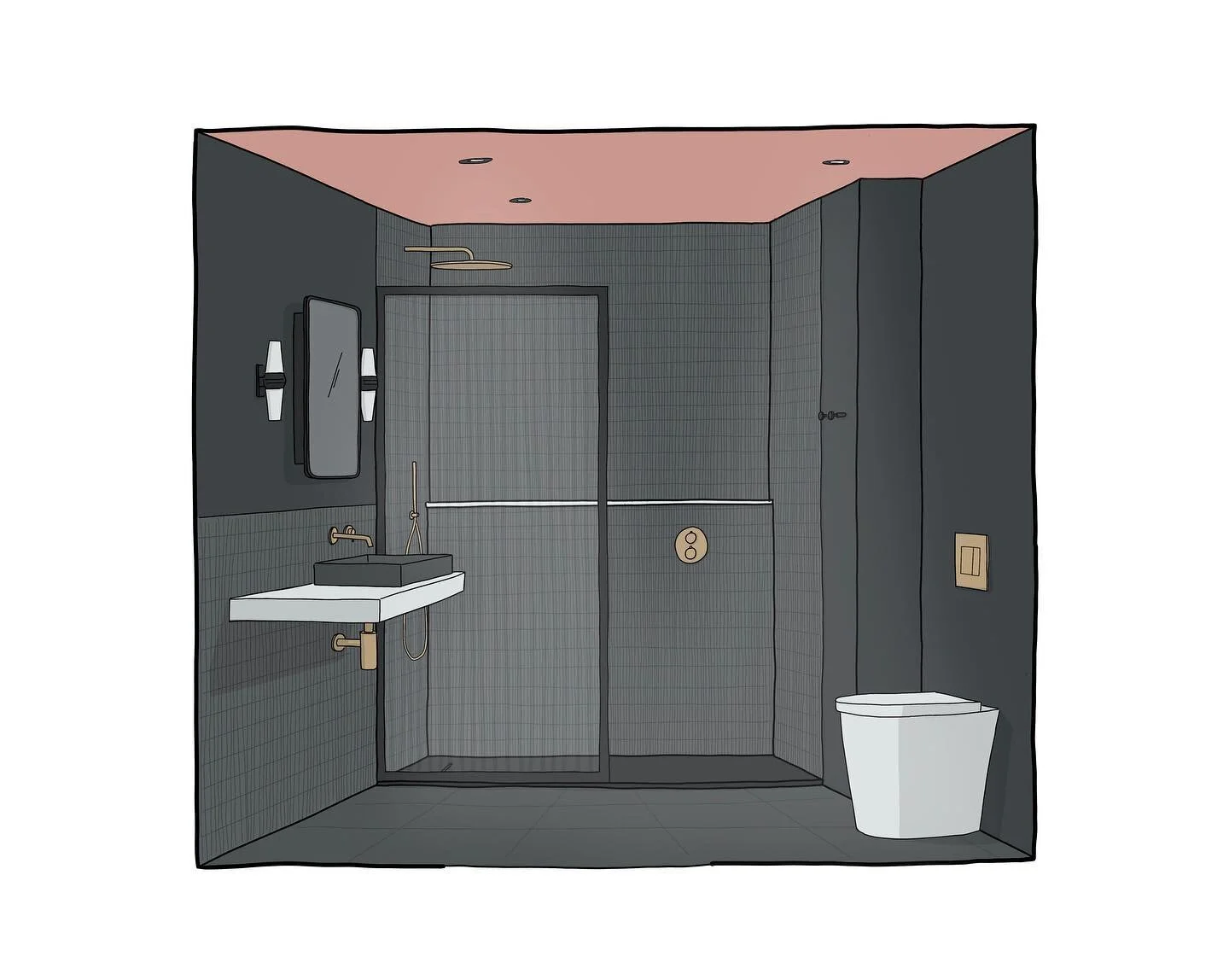 WILTON STREET 

This is the final design for our Wilton Street ensuite illustrated by the talented @katherinedauncey ❤️

We can&rsquo;t wait to bring this design to life.

Bathroom and kitchen to follow.

#interiordesign #architecturalsketch #propert