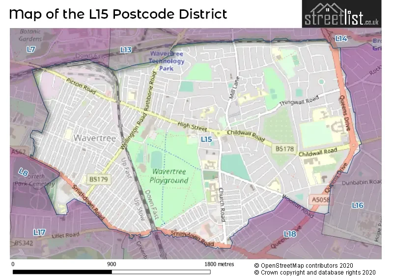 Map of the L15 postcode district, showing streets, parks, and neighboring districts, with boundary lines and labels for major roads and landmarks in Wavertree, Liverpool.