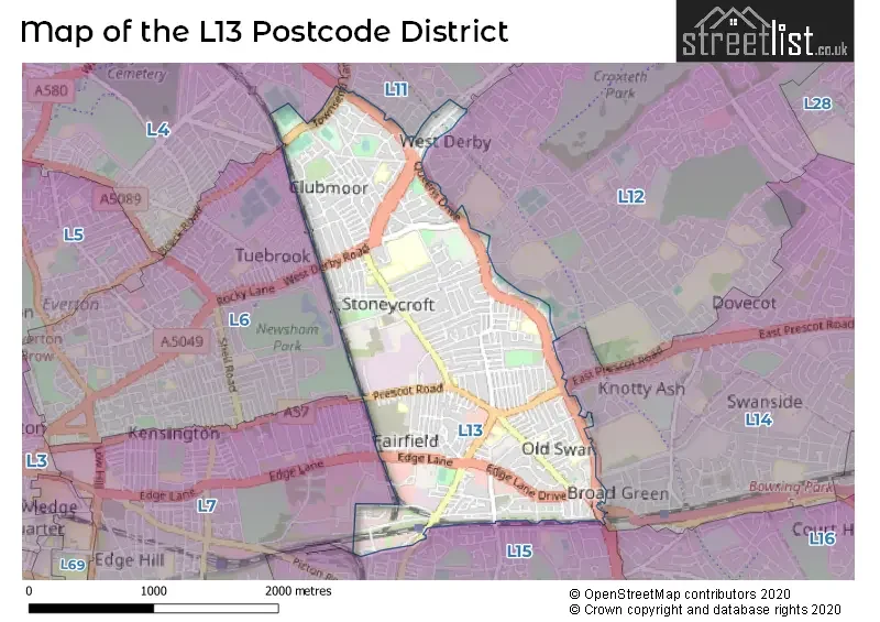 Map of the L13 postcode district showing neighborhoods and roads in West Derby, Clubmoor, Tuebrook, Kensington, Fairfield, Old Swan, and surrounding areas in Liverpool, UK.