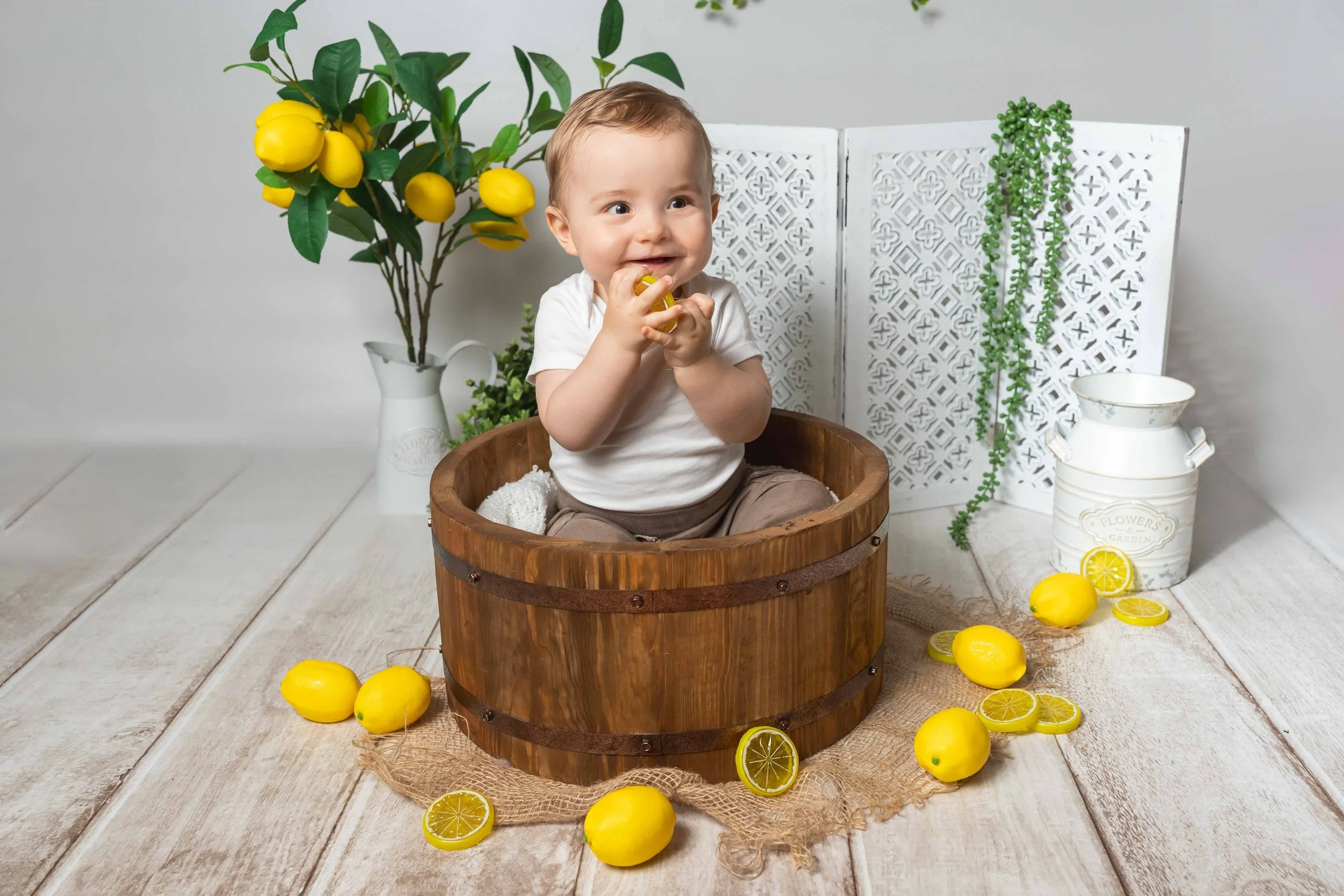 Ein lachendes Baby sitzt in einem runden Holzkorb mit einem weißen Tuch. Im Hintergrund stehen ein weißer Pflanzenständer mit einem Zitronenbaum und eine weiße Trennwand mit künstlichen, hängenden grünen Pflanzen. Vor dem Baby liegen Zitronen, einige sind ganz und andere in Scheiben, auf einem braunen Stoff-Teppich.