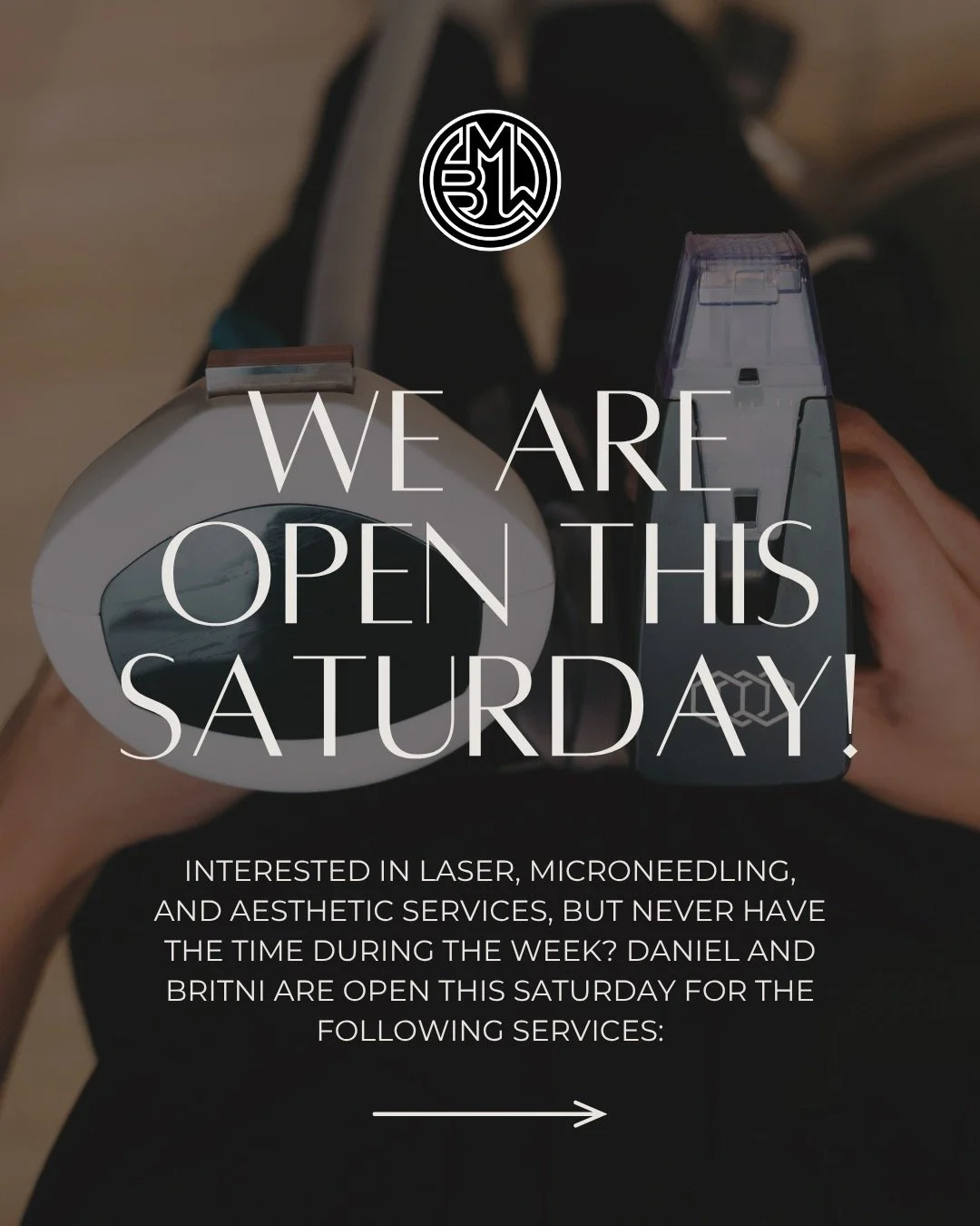 Daniel and Britni are in this Saturday October 18th, offering all your favorite treatments &mdash; Laser Hair &amp; Tattoo Removal, EvolveX, Microneedling, Morpheus8 (face + body), Lumecca, and Facials! ✨ 

Appointments are limited and first come, fi