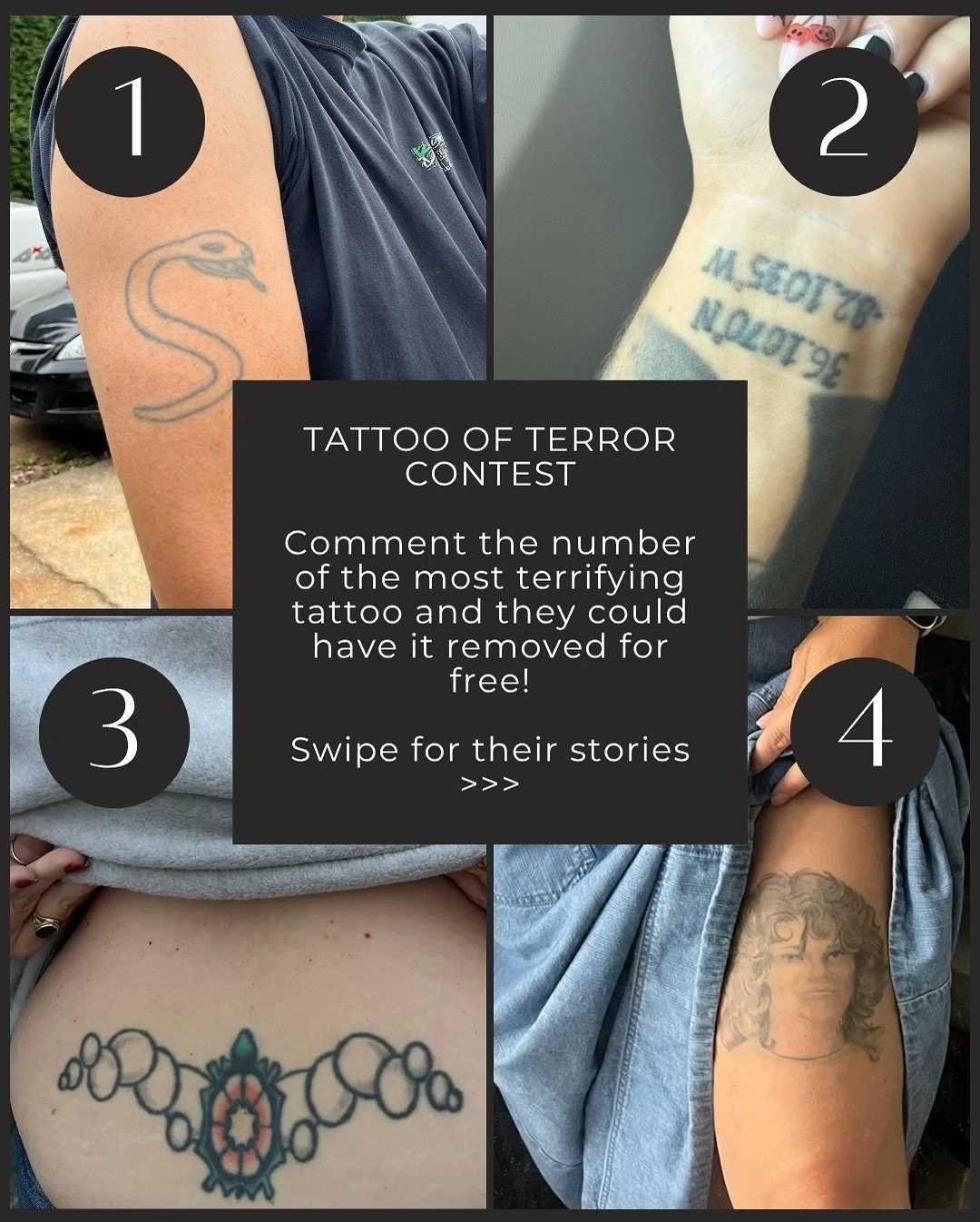 The ink regrets are rising from the grave&hellip; it&rsquo;s time to vote in our Tattoo of Terror Contest!

Comment the number of the tattoo you think deserves a free removal &mdash; and help make someone&rsquo;s Halloween a little less haunting!

Al