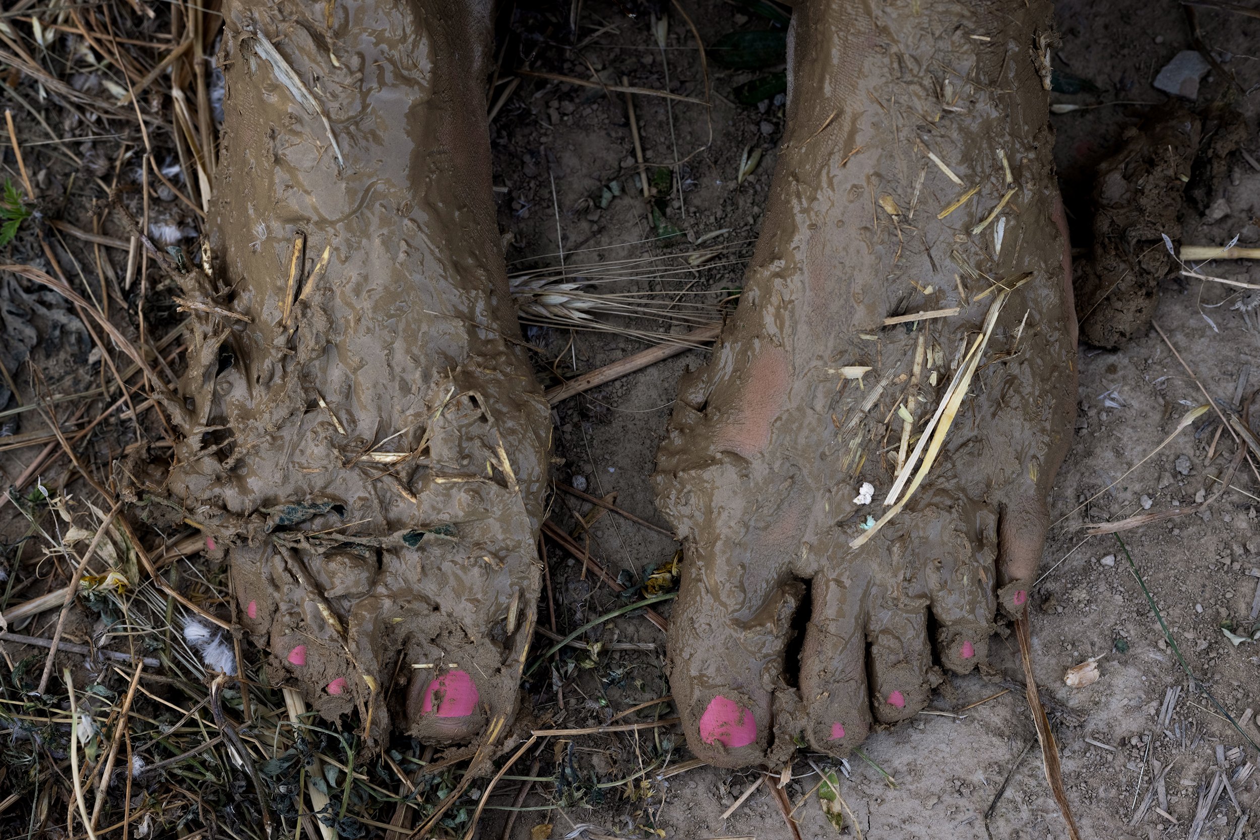  Painted toenails and muddy clay from adobe trampling on a brickmaker’s feet in Nyim on July 3, 2022. The clay, mixed with water, earth, and straw, was first kneaded together by trampling barefoot, then the mixed material was slammed into a wooden fr