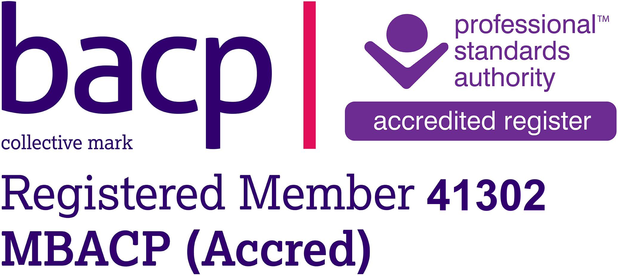 BACB logo with text indicating professional standards authority, accredited register, and registered member number 41302 MBACP (Accred)}