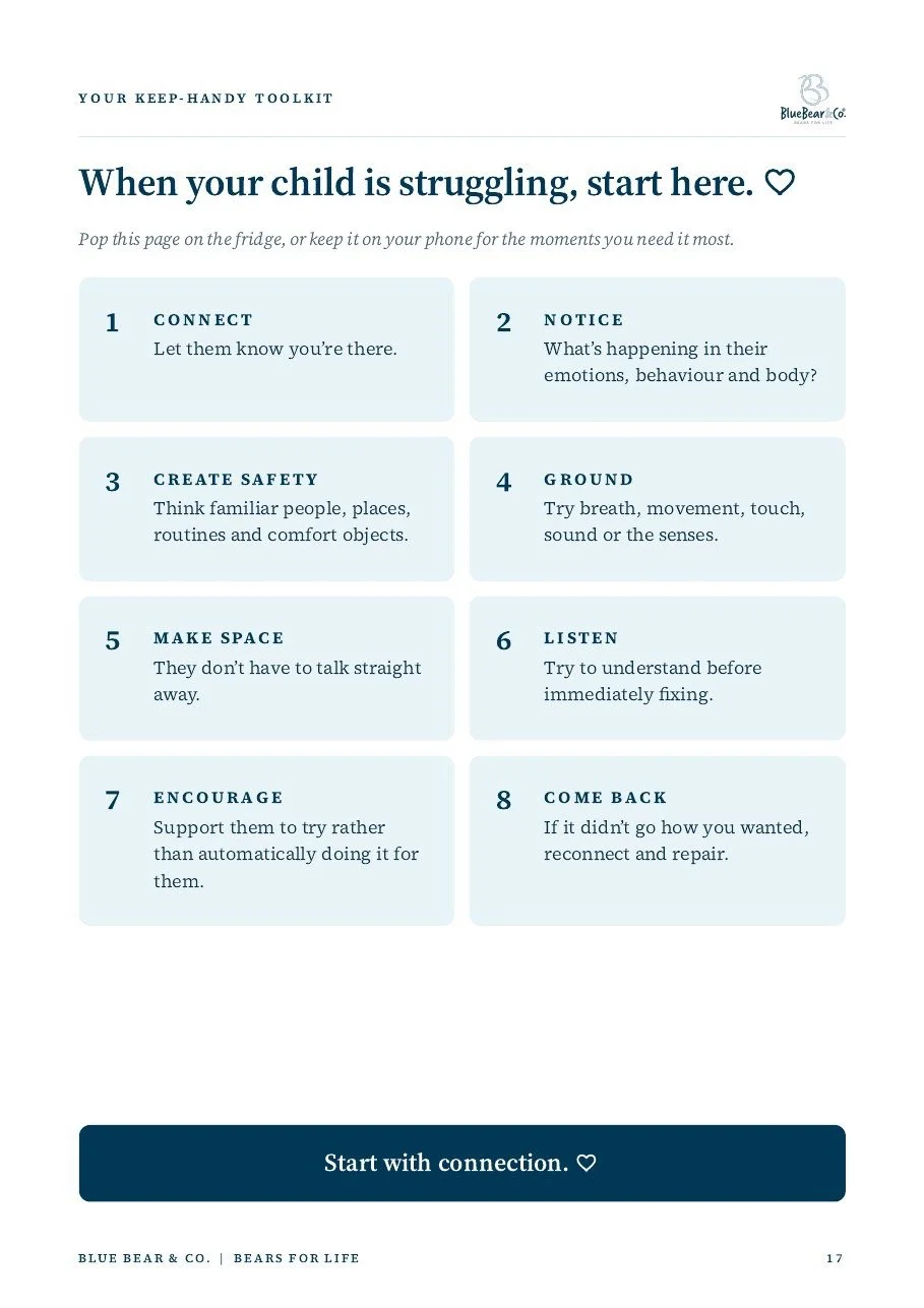 A digital toolkit titled 'When your child is struggling, start here' with 8 steps for supporting children, including Connect, Notice, Create Safety, Ground, Make Space, Listen, Encourage, and Come Back. The pages include brief instructions for each step and a dark blue section at the bottom encouraging starting with connection.