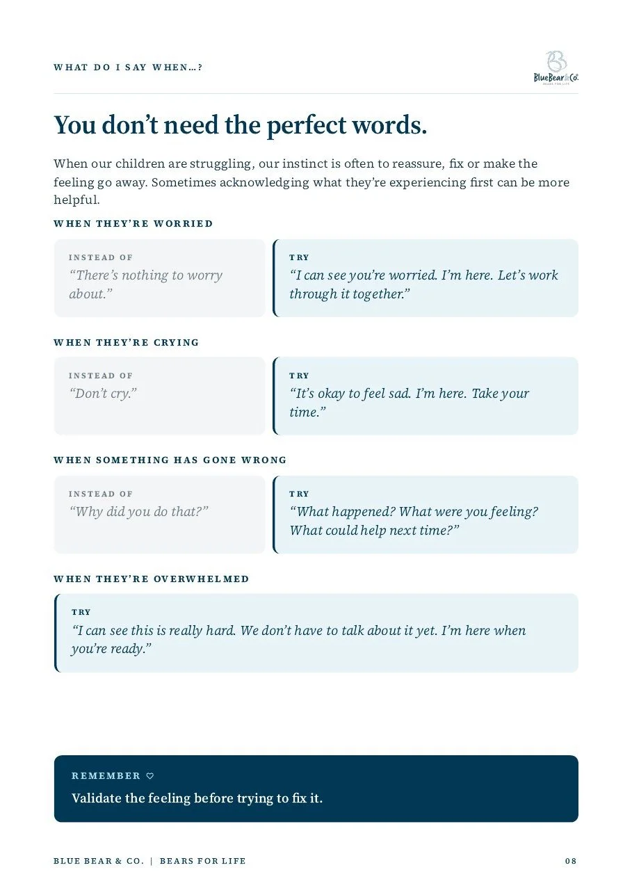 A page from a guide or booklet emphasizing comforting language for children, titled 'You don't need the perfect words.' It offers alternative phrases to say to children when they are worried, crying, have gone wrong, or are overwhelmed, encouraging validation of feelings.