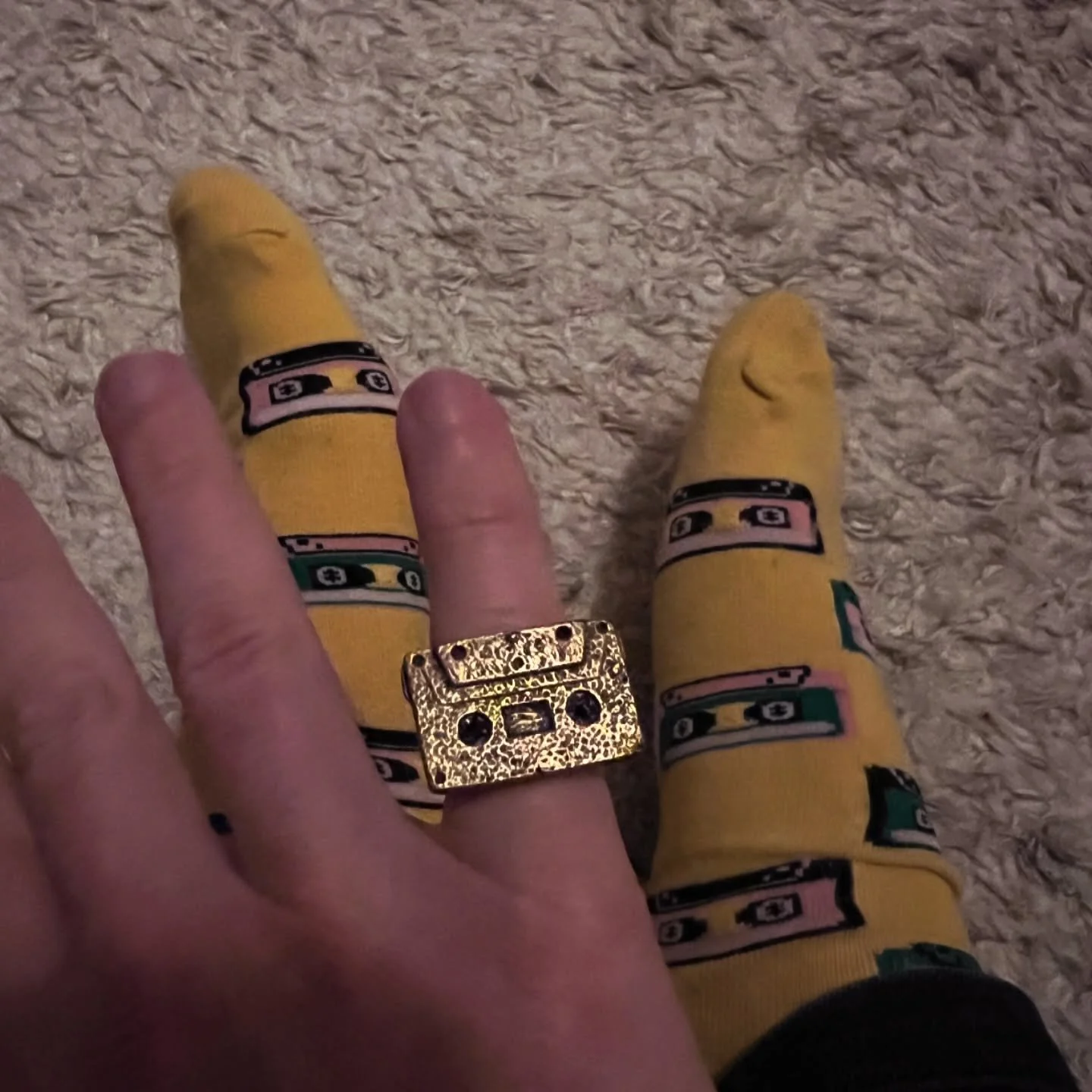Probably the only time in my life that my jewelry matches my socks. 📼 😂 #casettape #ring #socks