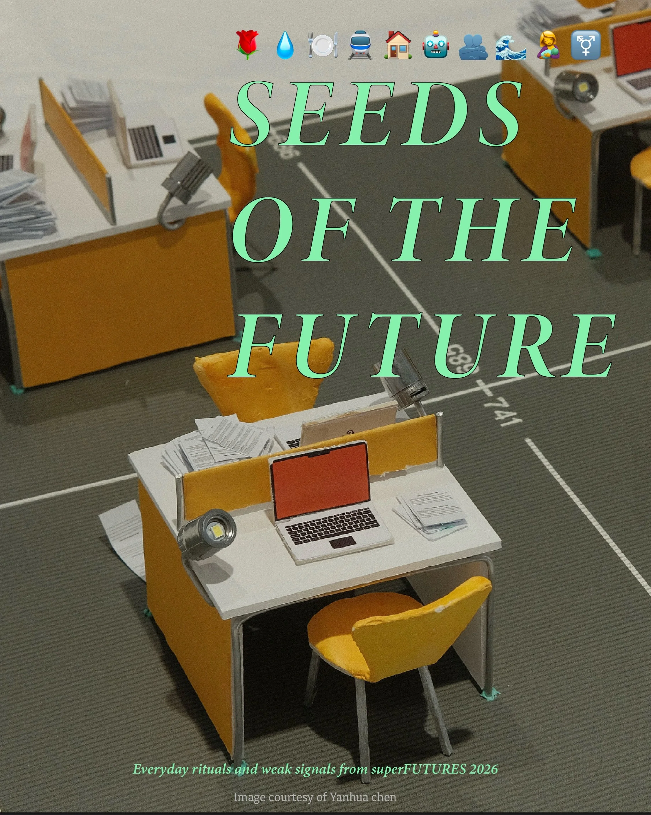 🌹💧🍽️🚆🏠🤖🫂🌊🤱⚧️
The futures we imagined were never entirely fictional.Each project began by looking closely at a ritual already embedded in everyday life &mdash; how we love, drink, commute, care, eat, worship, move and relate to the world ar
