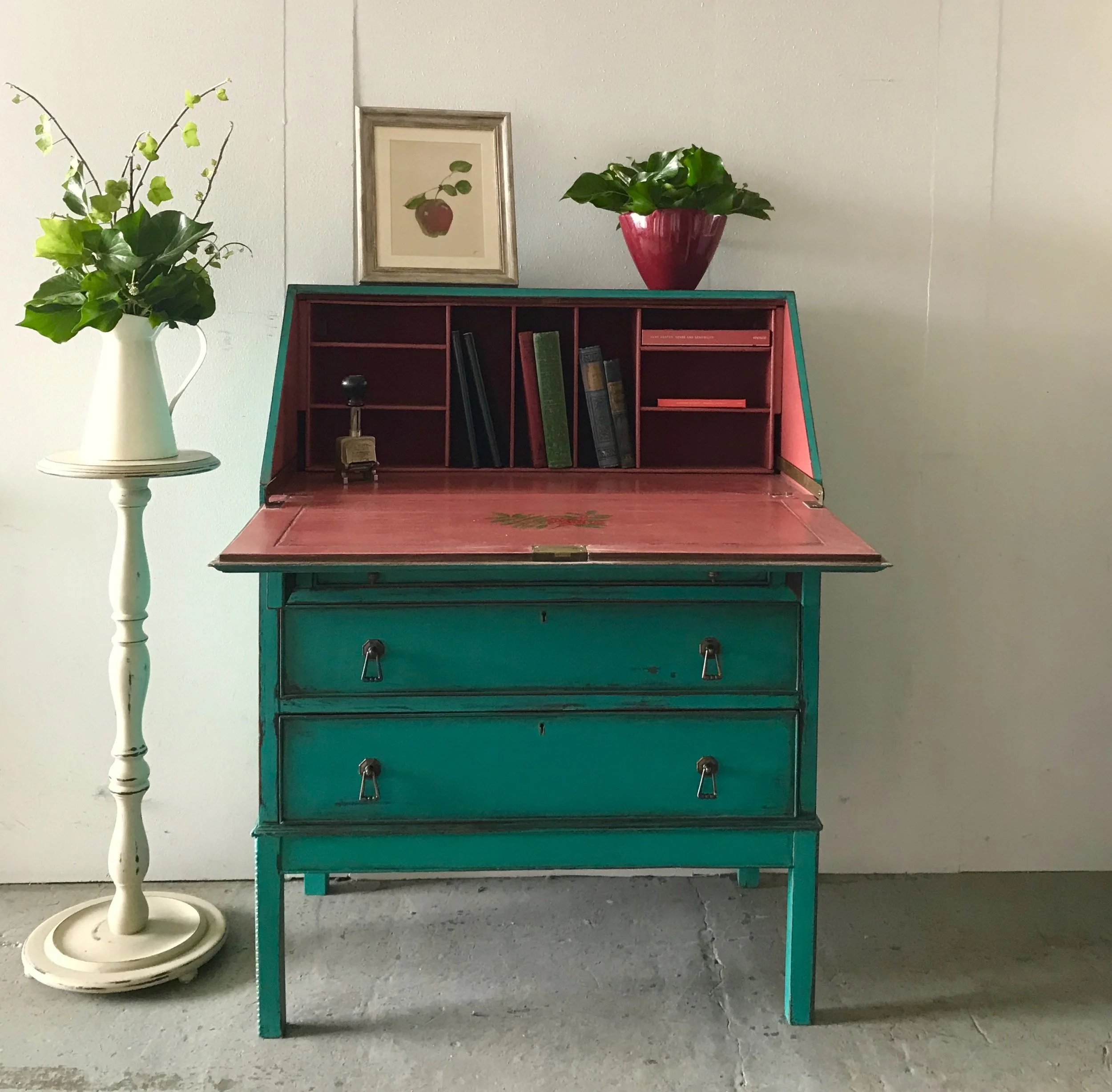 Hand painted writing bureau with rowan berries