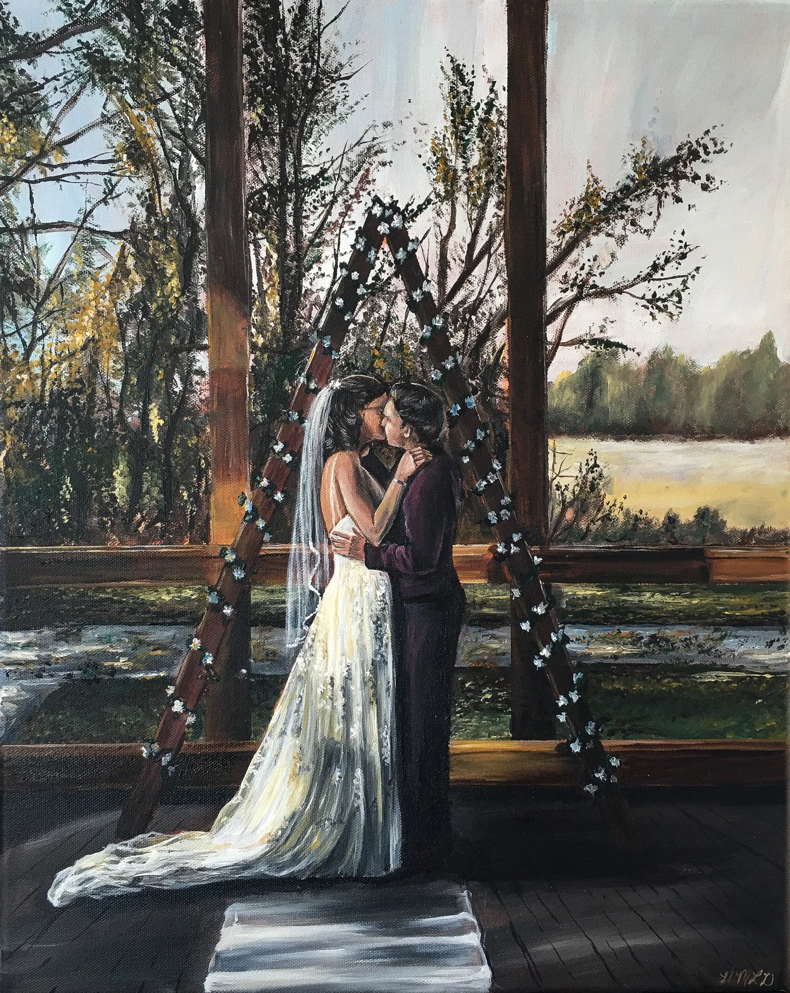 Live Wedding Painted of bride and groom kissing during ceremony