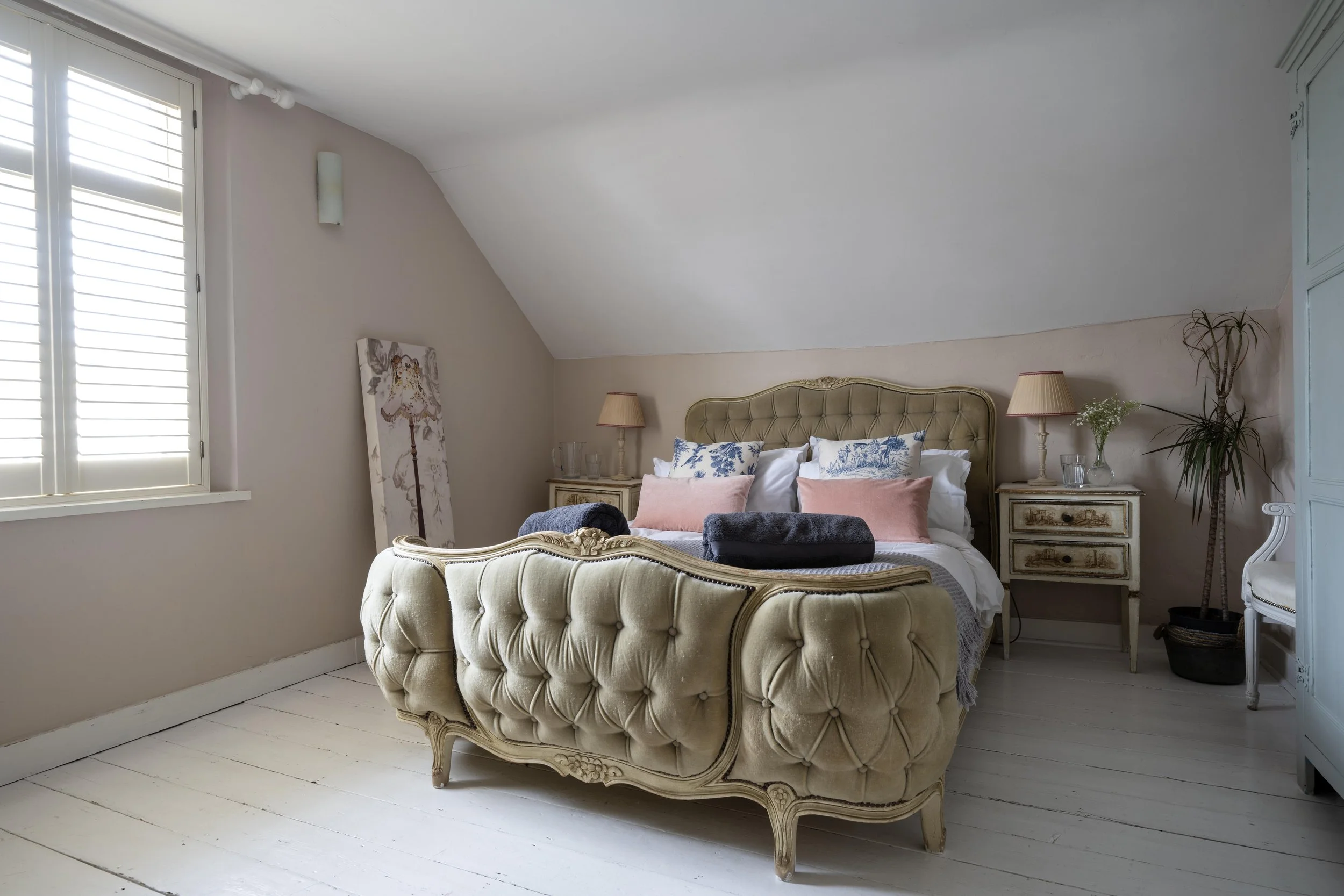 Bedroom 1. A very large double attic  bedroom with a Queen French vintage bed and memory foam mattress.