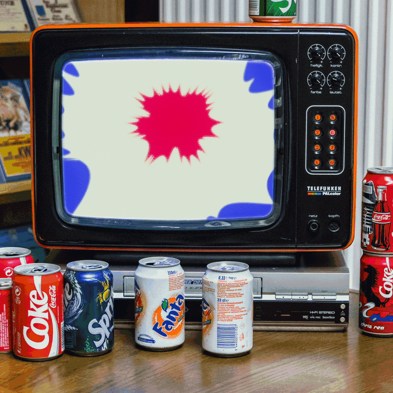 A vintage television with a bright red burst pattern on the screen, surrounded by several soda cans on a wooden table.