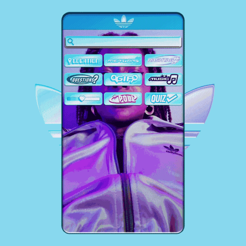 A smartphone screen with a digital interface featuring various colorful buttons labeled for location, questions, quizzes, music, and other options. The background shows a person wearing a shiny jacket with the Adidas logo, and behind the phone, stylized wings.