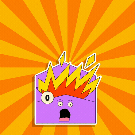 Cartoon purple box with a surprised face, yellow and orange lightning bolts, and a background of orange and yellow rays.