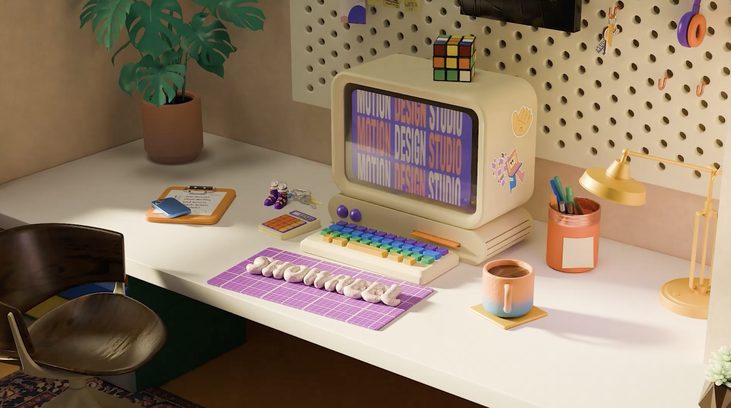 A stylized workspace with a retro computer displaying colorful text, a Rubik's cube on top, a purple and orange keyboard, a purple and white word art, a desk with a coffee cup, a plant, and stationery items including small figurines, a calculator, an