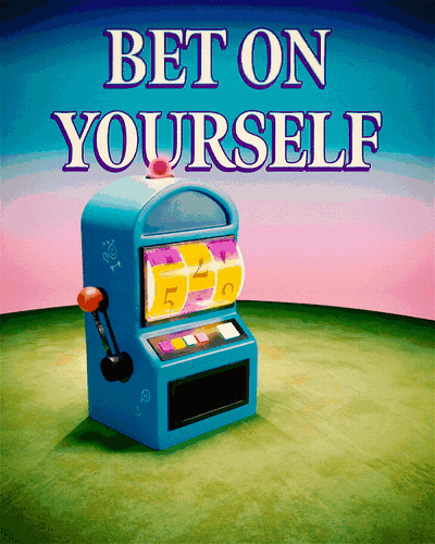 A retro-style slot machine with the words 'BET ON YOURSELF' in large purple and blue text above it.