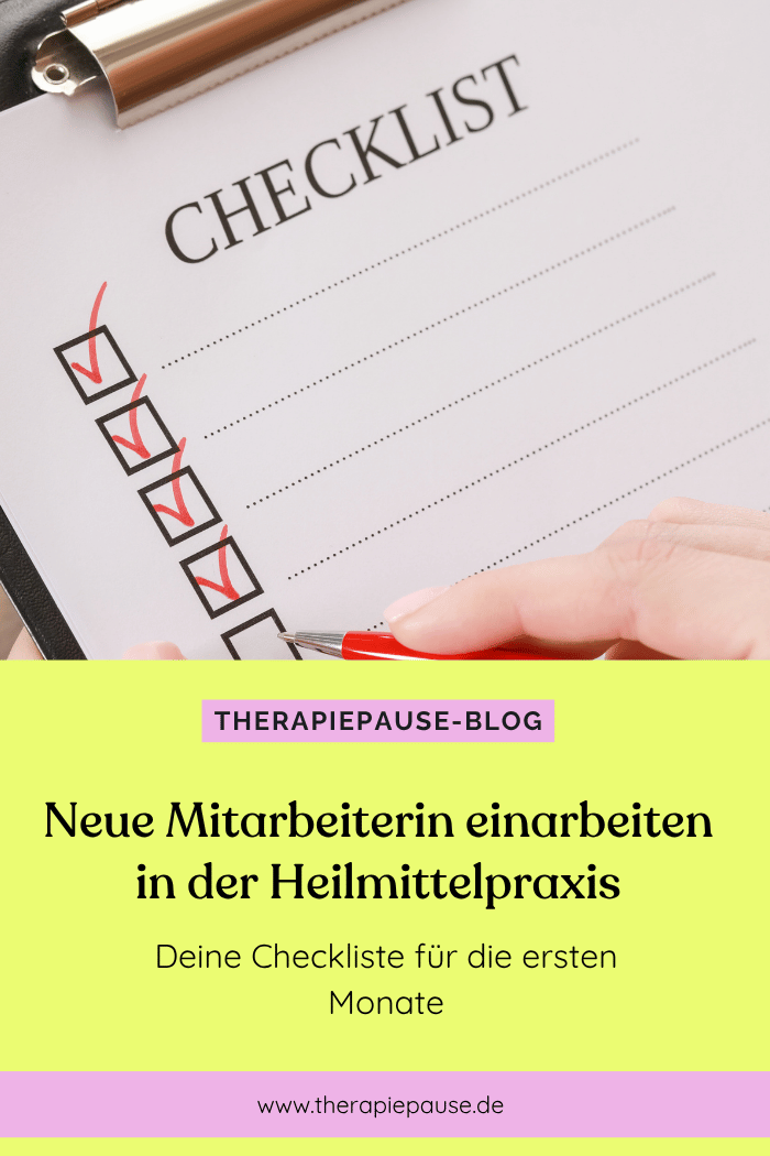 Cover für Blogartikel "Neue Mitarbeiterin einarbeiten in der Heilmittelpraxis: Deine Checkliste für die ersten Monate" von Ina Kimmel im THERAPIEPAUSE-Blog