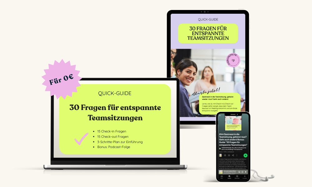 Mockup für Freebie Quick-Guide: 30 Fragen für entspannte Teamsitzungen. Laptop, Tablet, Smartphone mit Workbook-Unterlagen