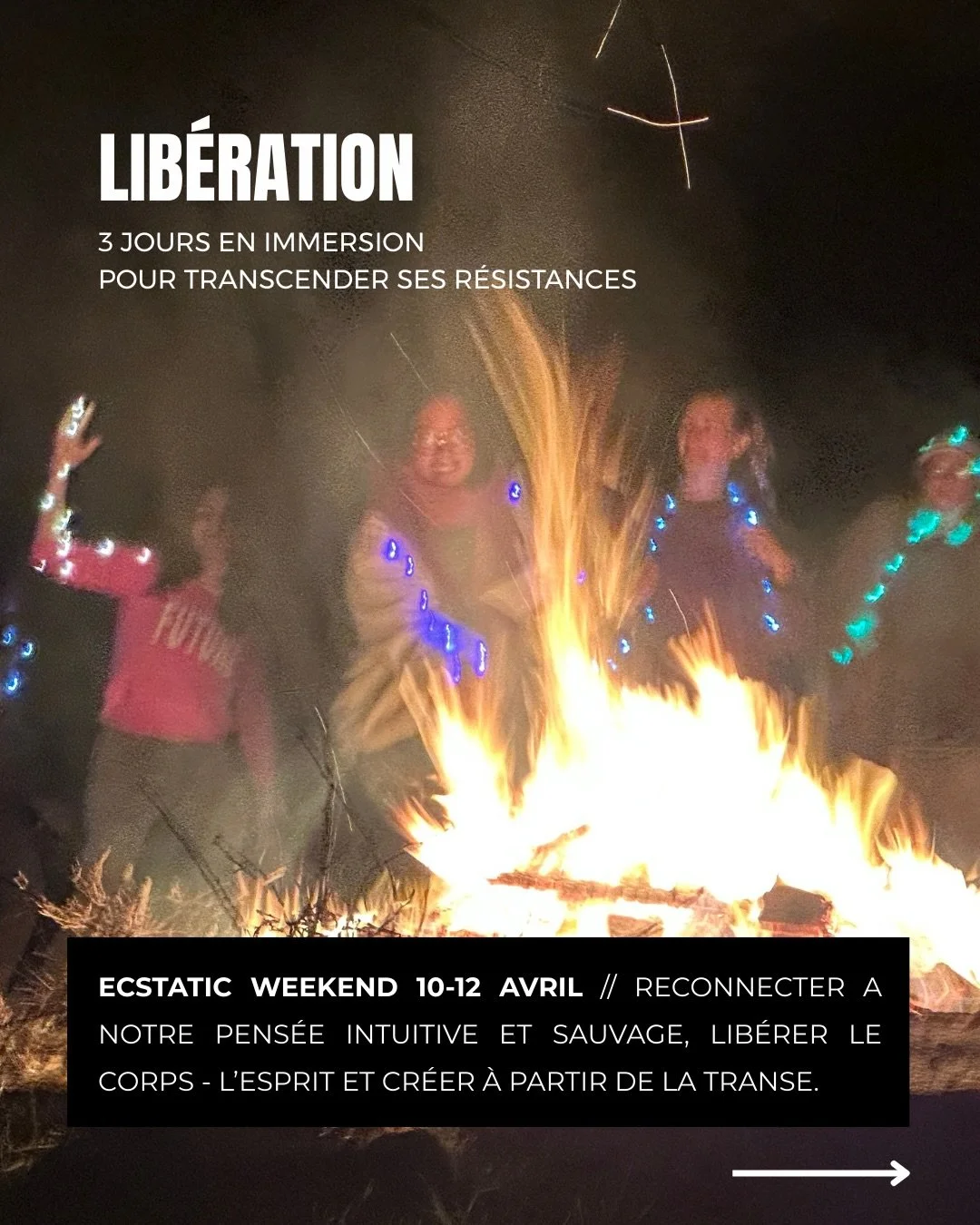 Un week-end pour sortir du mental.
Revenir au corps.

Trois jours hors du quotidien
pour explorer les &eacute;tats de conscience modifi&eacute;s
&agrave; travers le mouvement, le souffle
et la musique &eacute;lectro &amp; techno.

L&rsquo;Ecstatic We