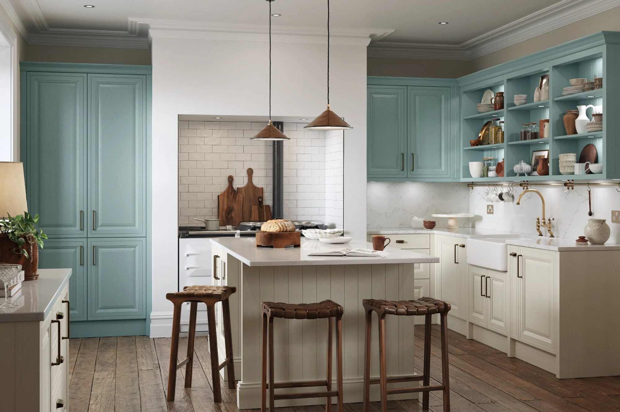 A modern kitchen with white cabinets and blue upper cabinets, a white marble backsplash, and a kitchen island with a loaf of bread on top. There are three wooden bar stools at the island, and open shelves with dishes and jars. Two pendant lights hang above the island.