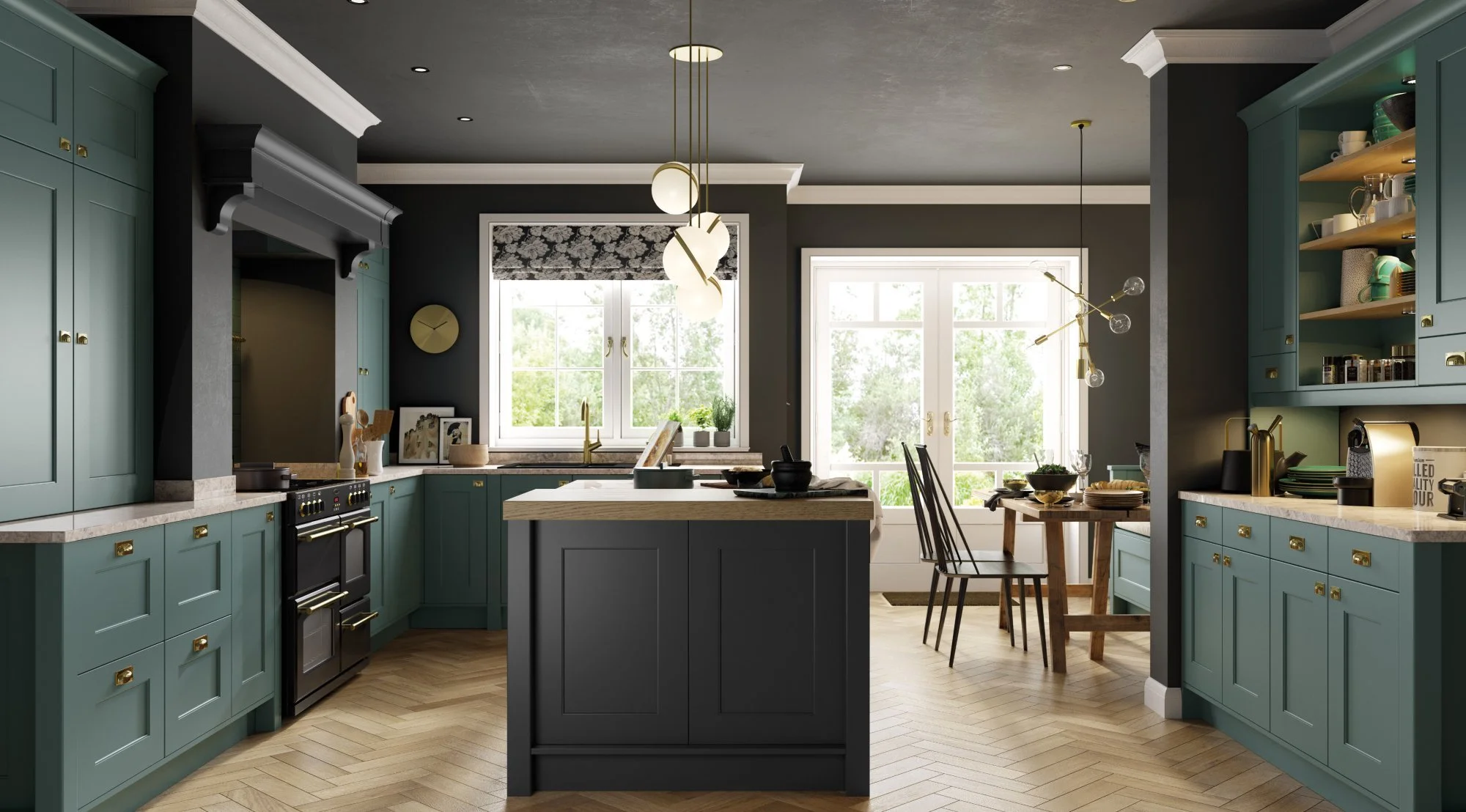 Modern kitchen with teal cabinets, white marble countertops, black accents, and large windows allowing natural light, with a hanging light fixture and dining area.