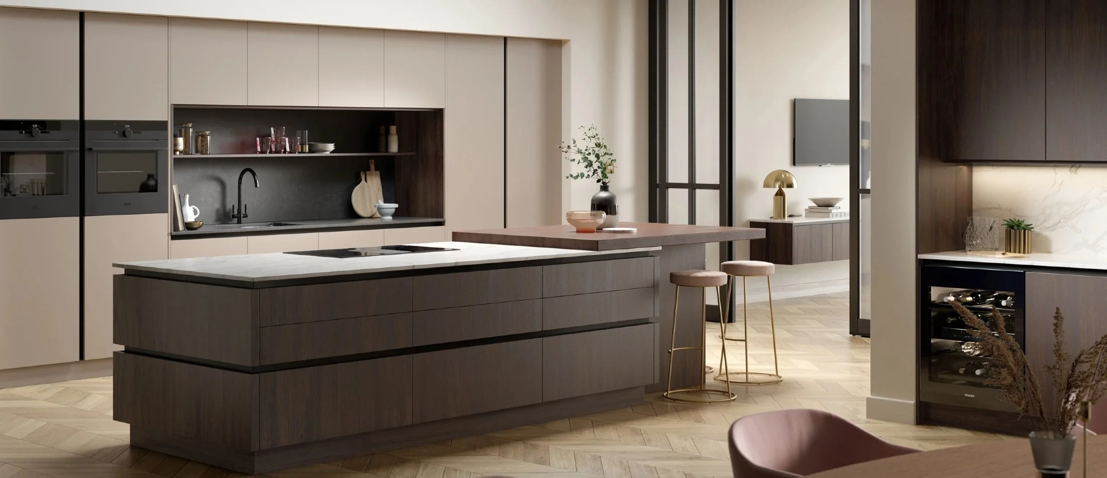 modern handleless kitchen in nude tones