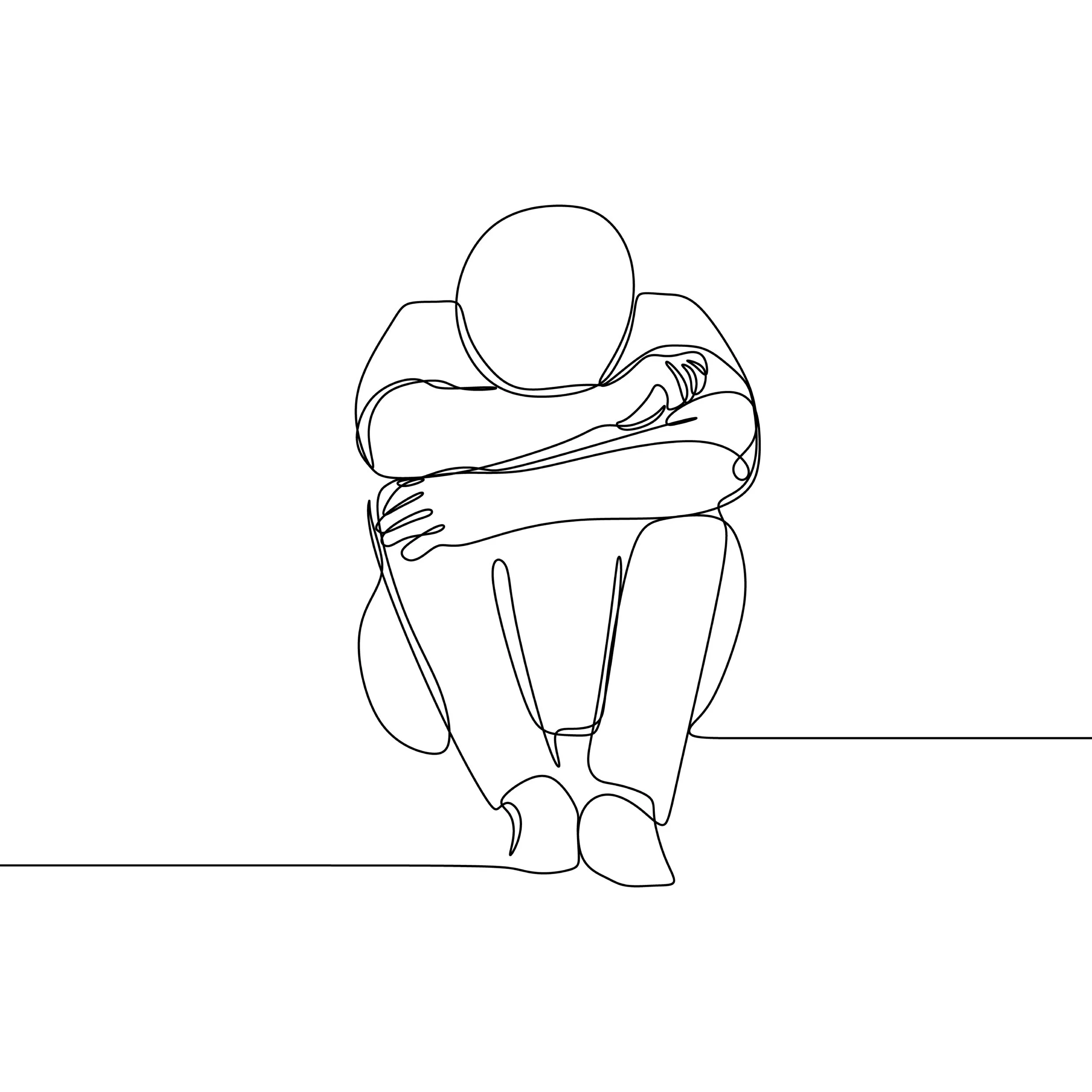 Line drawing of a person sitting on the floor with arms crossed and head bowed, depicting sadness, loss, depressed mood, or other depressive mood disorder. 