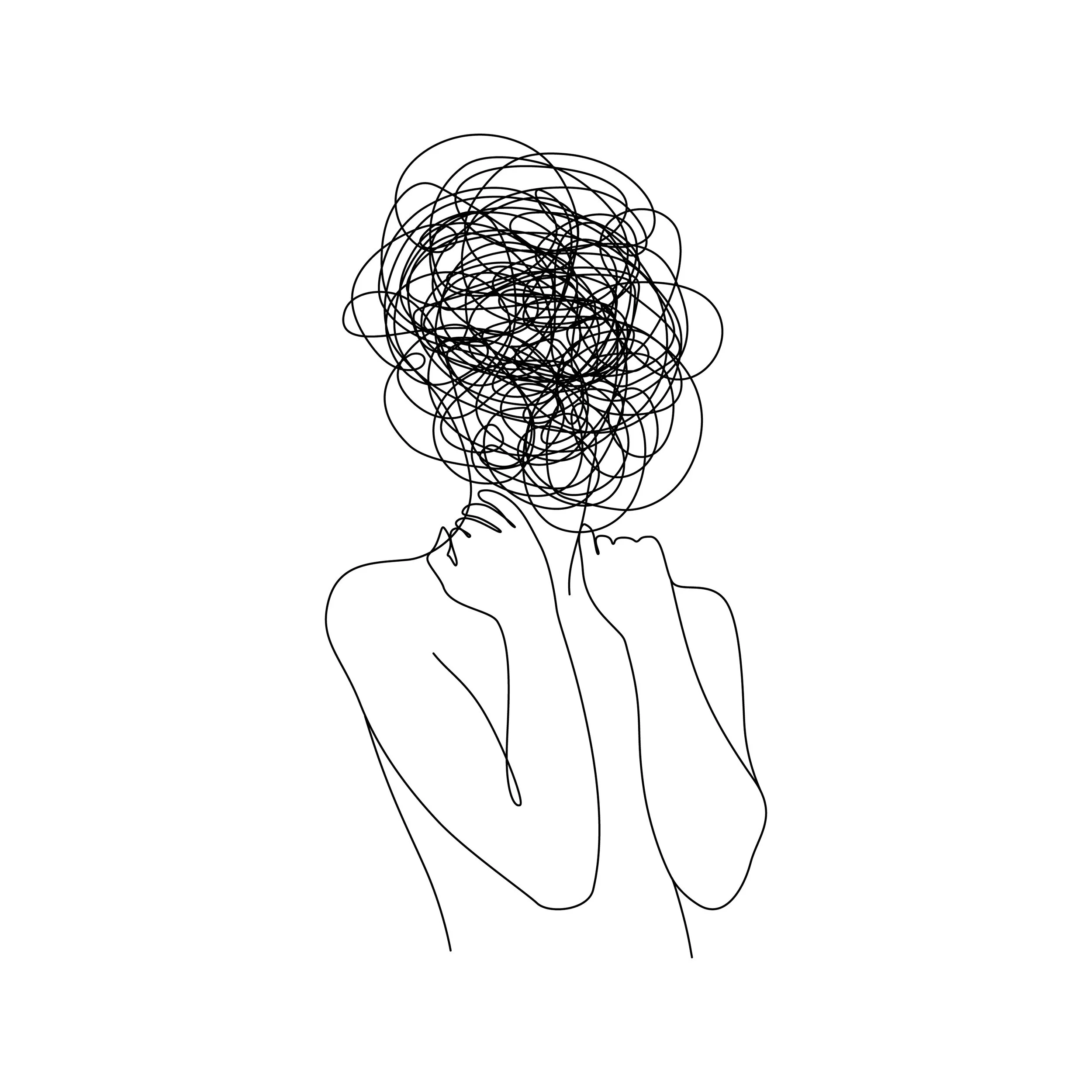 Minimalist line drawing depicting a person overwhelmed with anxiety and stress. 