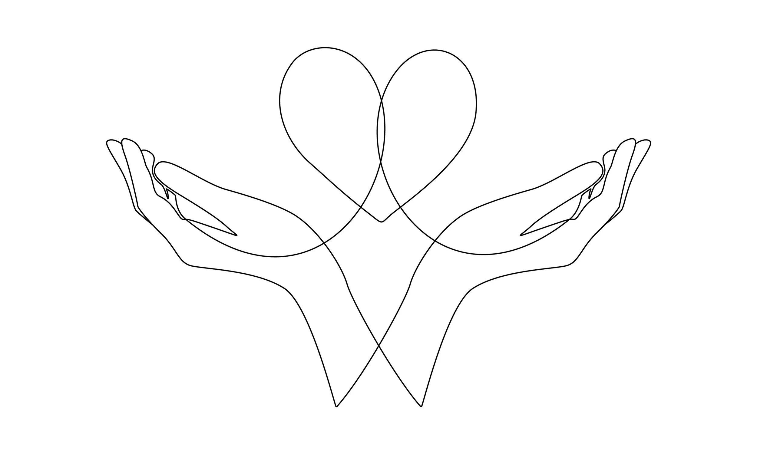Line drawing of two hands cupping a heart-shaped object, with the hearts and hands connected by continuous lines.