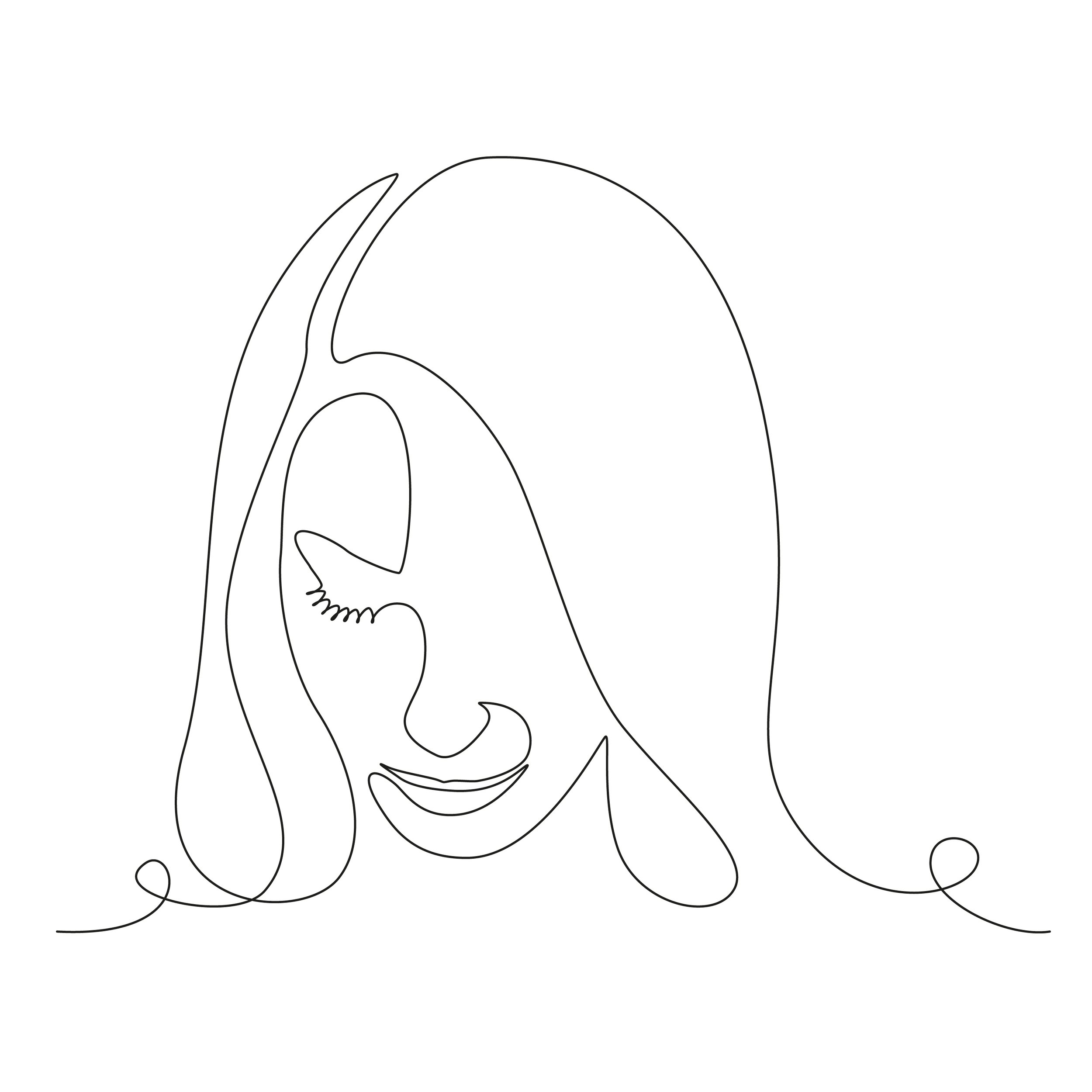 Line drawing of a woman's face with long hair, eyes closed, smiling gently.