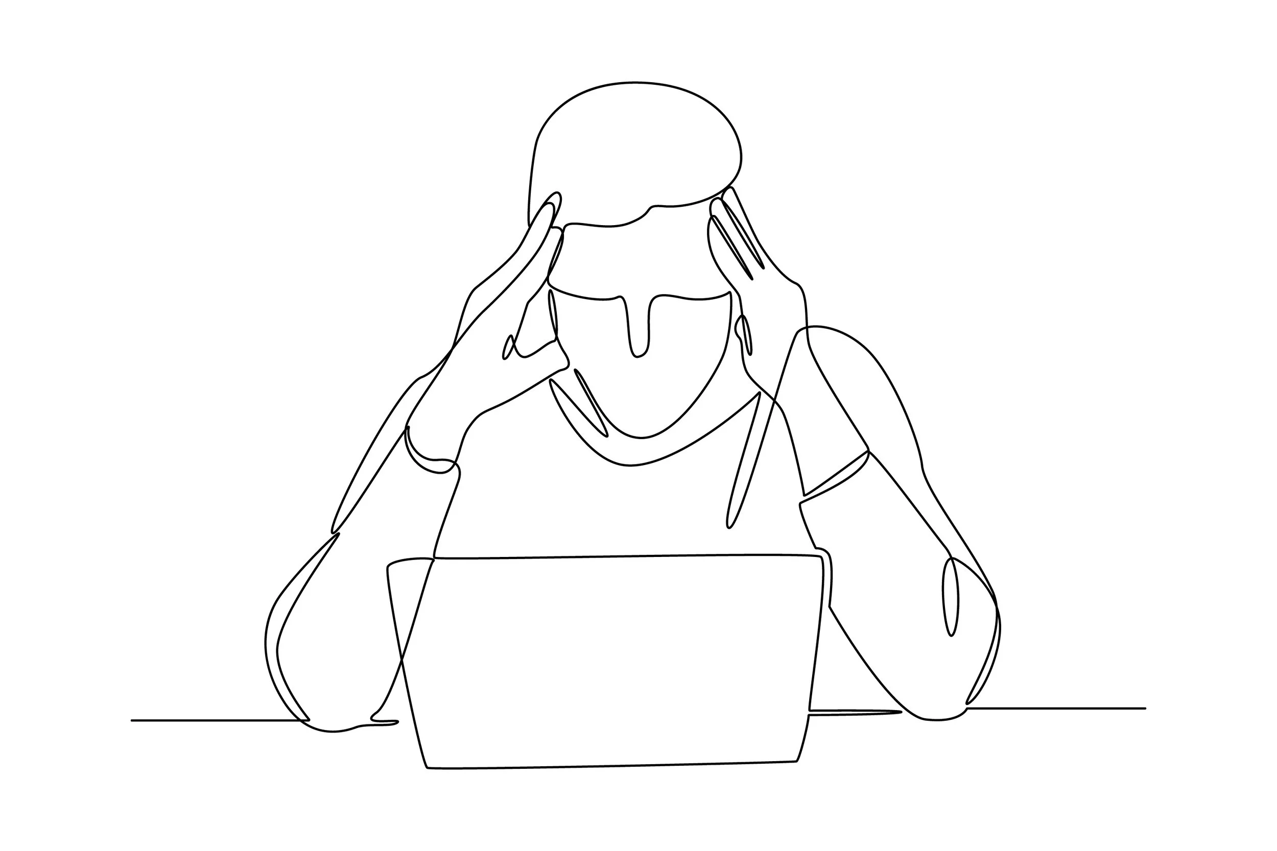 Line drawing of a person sitting at a desk, holding their head with both hands and looking at a laptop in front of them.