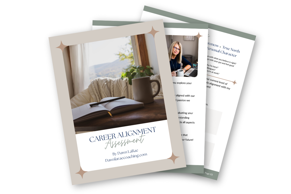 Career Alignment Assessment booklet with a cozy reading scene on the cover and a photo of a person with a mug inside.