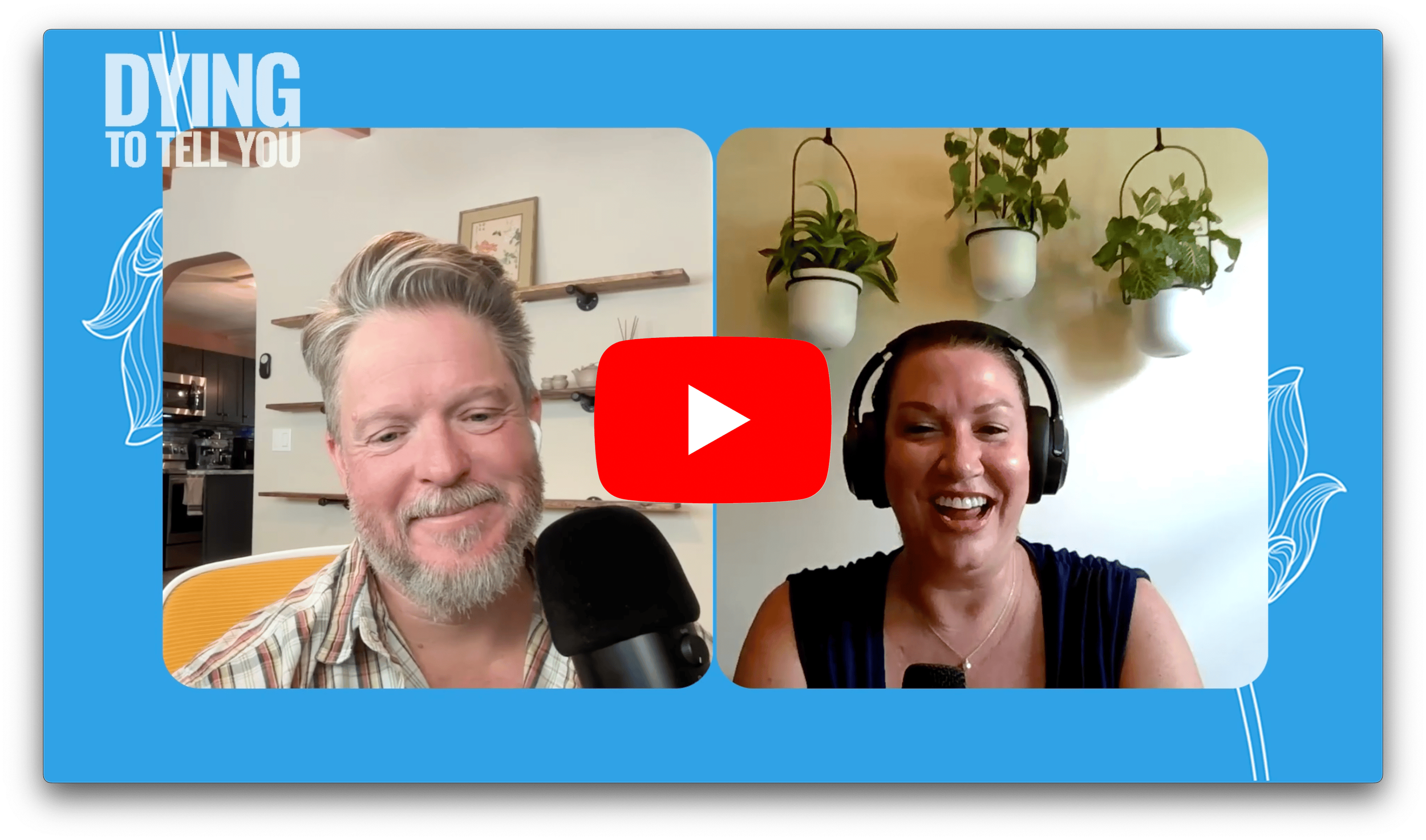 podcast host and guest talking and laughing on a video still frame with play button