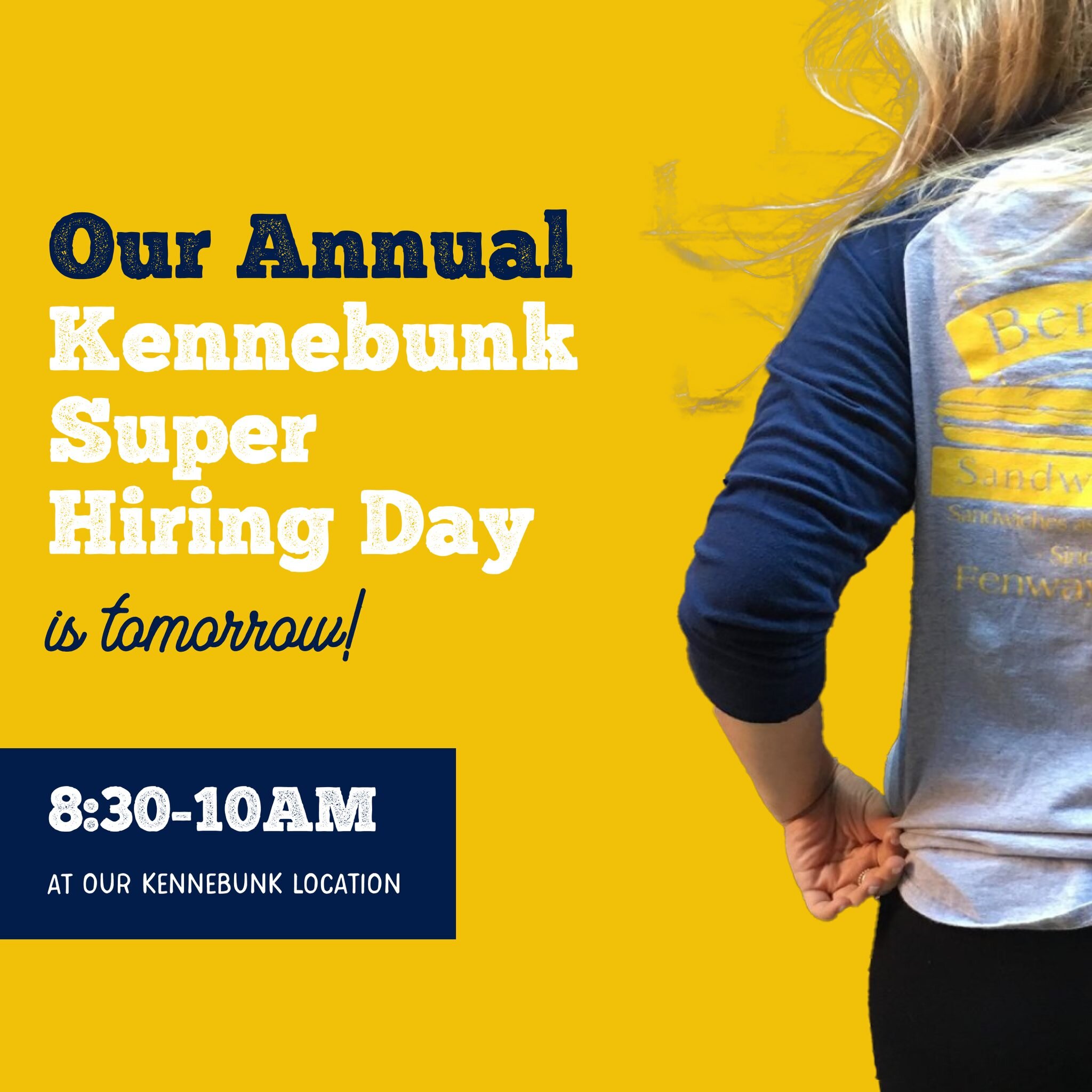 TOMORROW IS THE BIG DAY! Join us for our Annual Kennebunk Super Hiring Day at our Kennebunk location from 8:30-10:00am. We would love to get to know you!

#hiring #hiringevent #kennebunkjobs