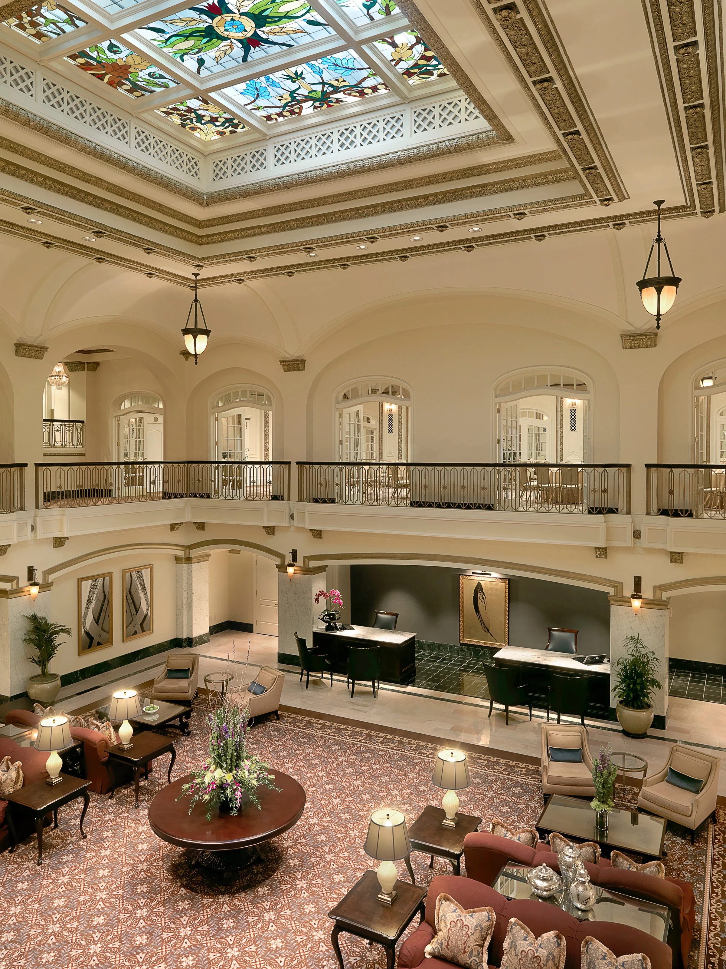 Fall Savings and Packages at Hotel Blackhawk: the historic lobby under its stained glass skylight