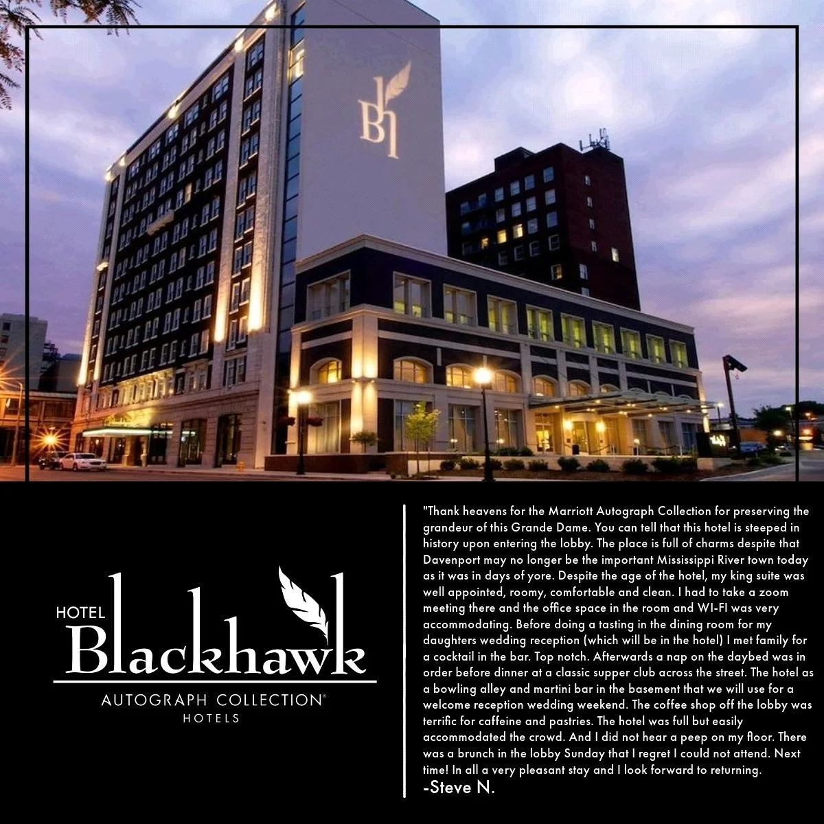Thank you for your kind words! We&rsquo;re thrilled you enjoyed the blend of history and modern comfort at Hotel Blackhawk. It&rsquo;s an honor to be part of your daughter&rsquo;s wedding plans, and we&rsquo;re so glad you had a great experience with