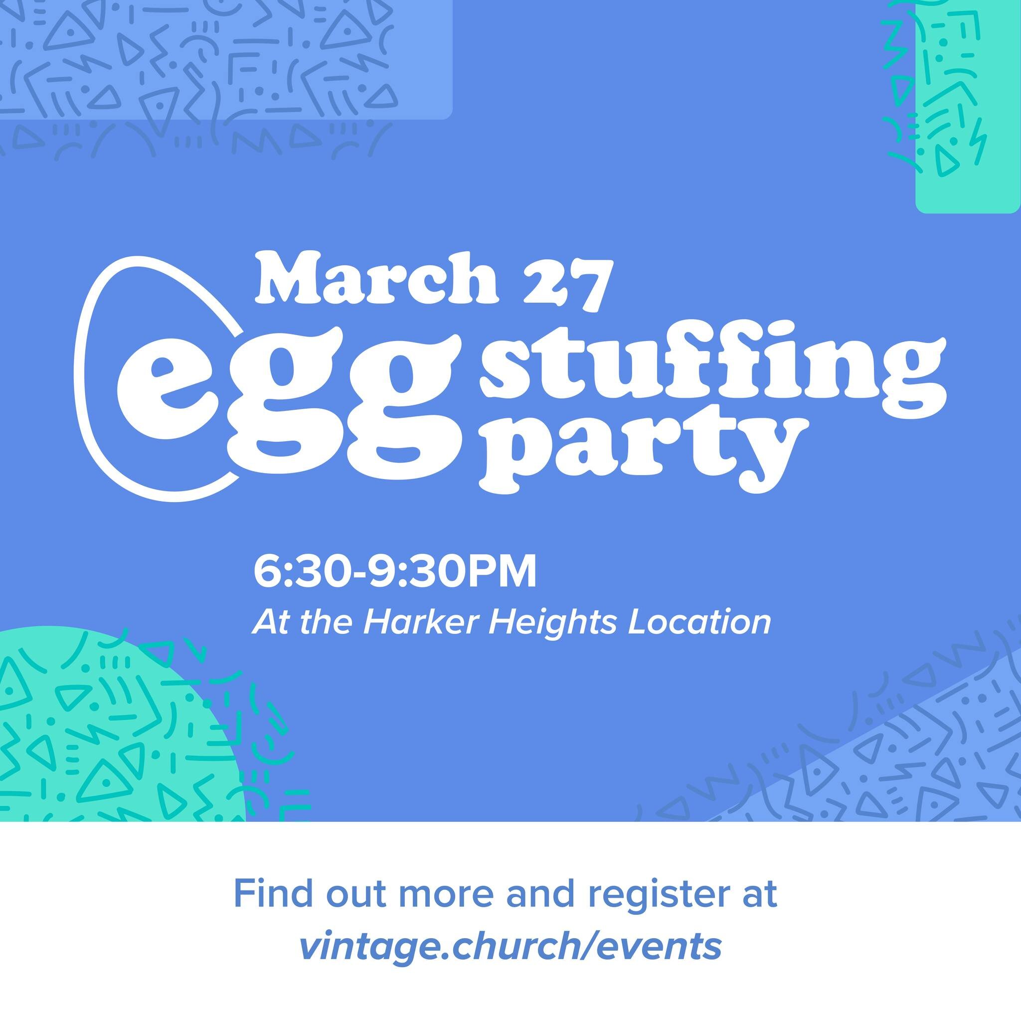 The Egg Stuffing Party is tonight, in place of MidWeek! Bring a dish to share while we stuff thousands of eggs for our upcoming Eggstravaganza! 🍬

🔗 Head to vintage.church/eggstravaganza-hh to register!