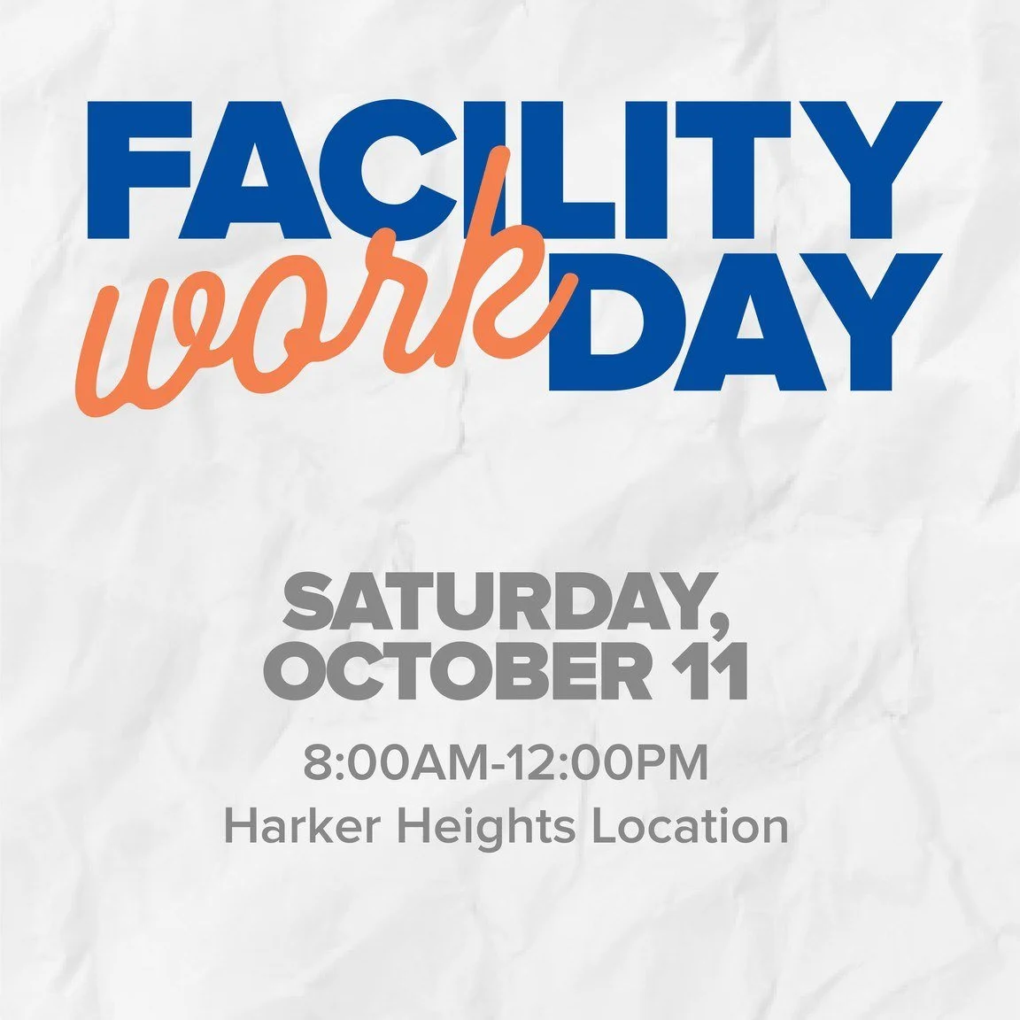 Let&rsquo;s roll up our sleeves, Harker Heights!
Join us for Facility Work Day as we team up to take care of our space and push forward the There Is More project.
We&rsquo;ve got works ready to roll, coffee brewing, and breakfast waiting.
Childcare i