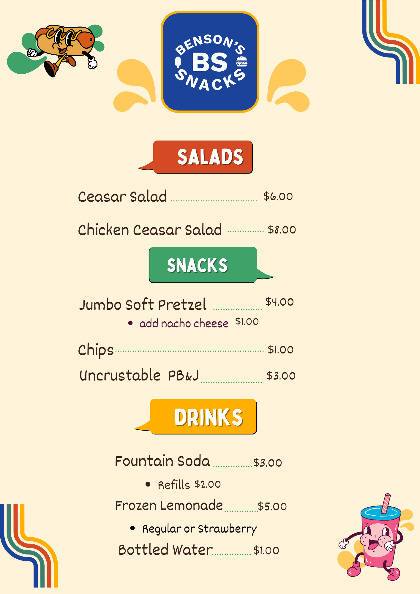 Snacks Menu Visual Snack Bar Menu — Benson's Snacks