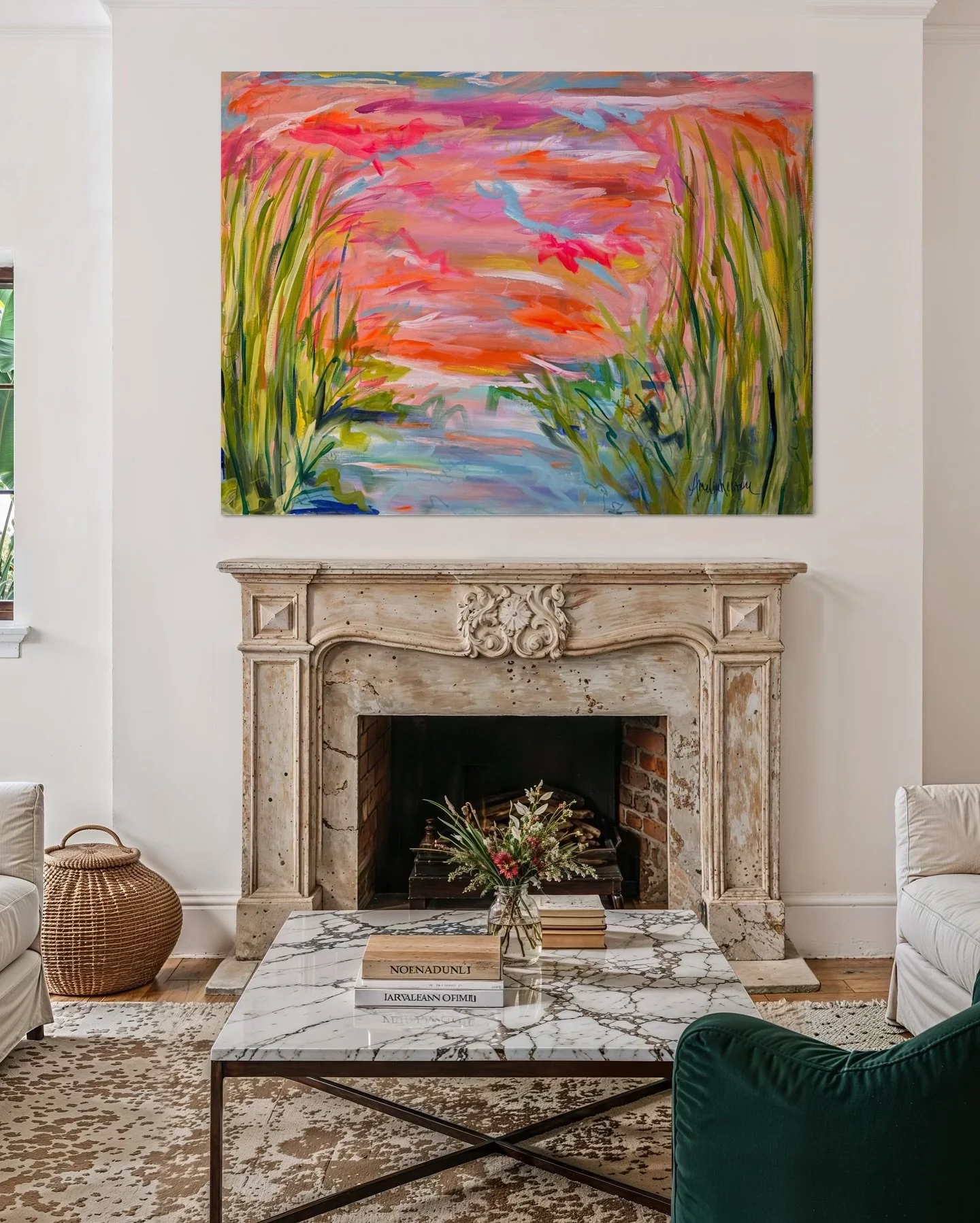 A painting that can work in ~any~ setting!
&ldquo;Through the Grass We Go!&rdquo; is a 36&rdquo;x48&rdquo; acrylic &amp; oil pastel on canvas &mdash; a painting that feels like slipping into a summer evening, where the grasses sway, the sky sets itse