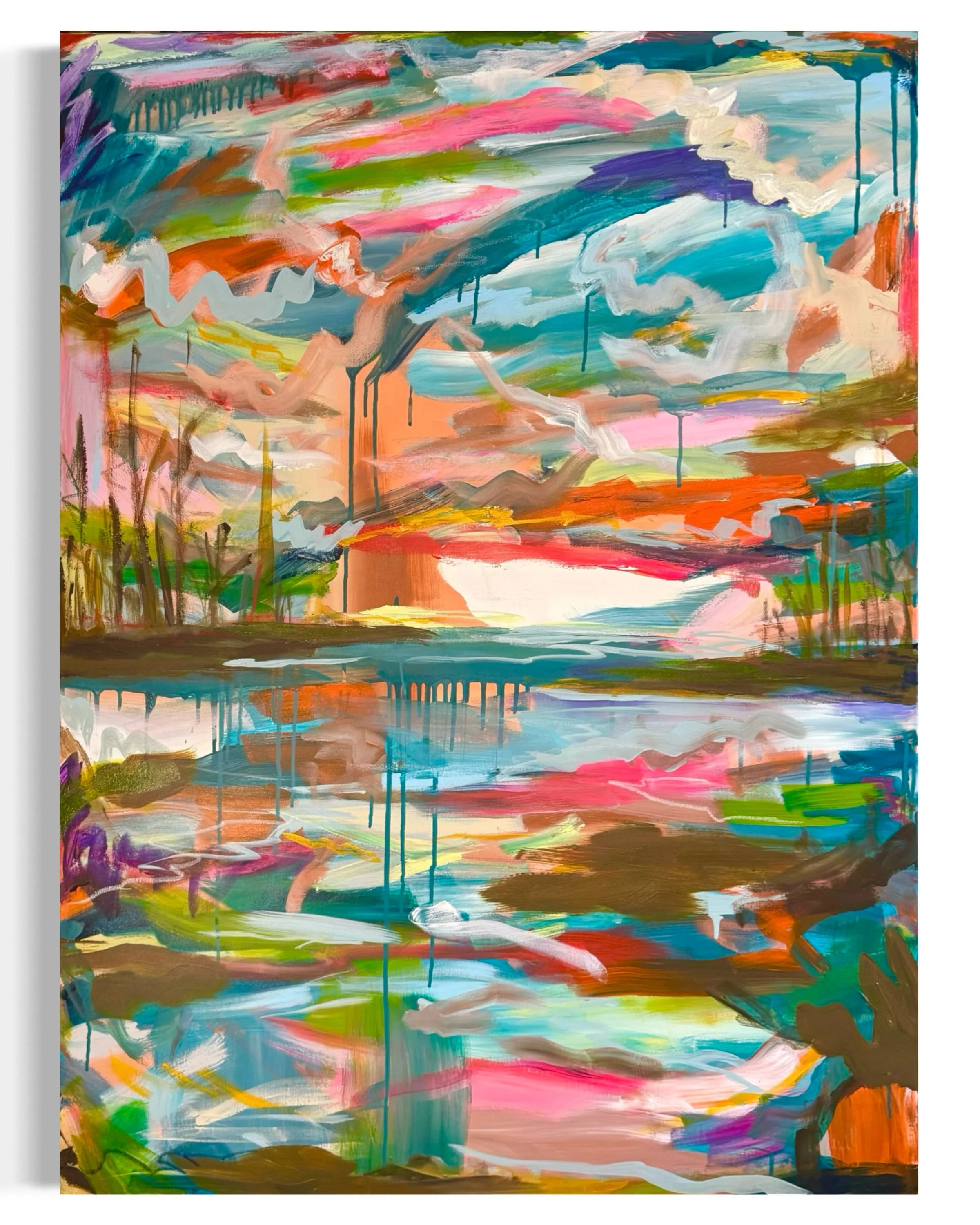 Low country landscape, but make it abstract? Ok, I can do that! Like a sunset over the marsh after a rainstorm&hellip;🌦️

This piece is special and I can&rsquo;t wait to share why! Stay tuned 👀🤭

Marsh Madness 
48x36
Acrylic and oil pastel on canv